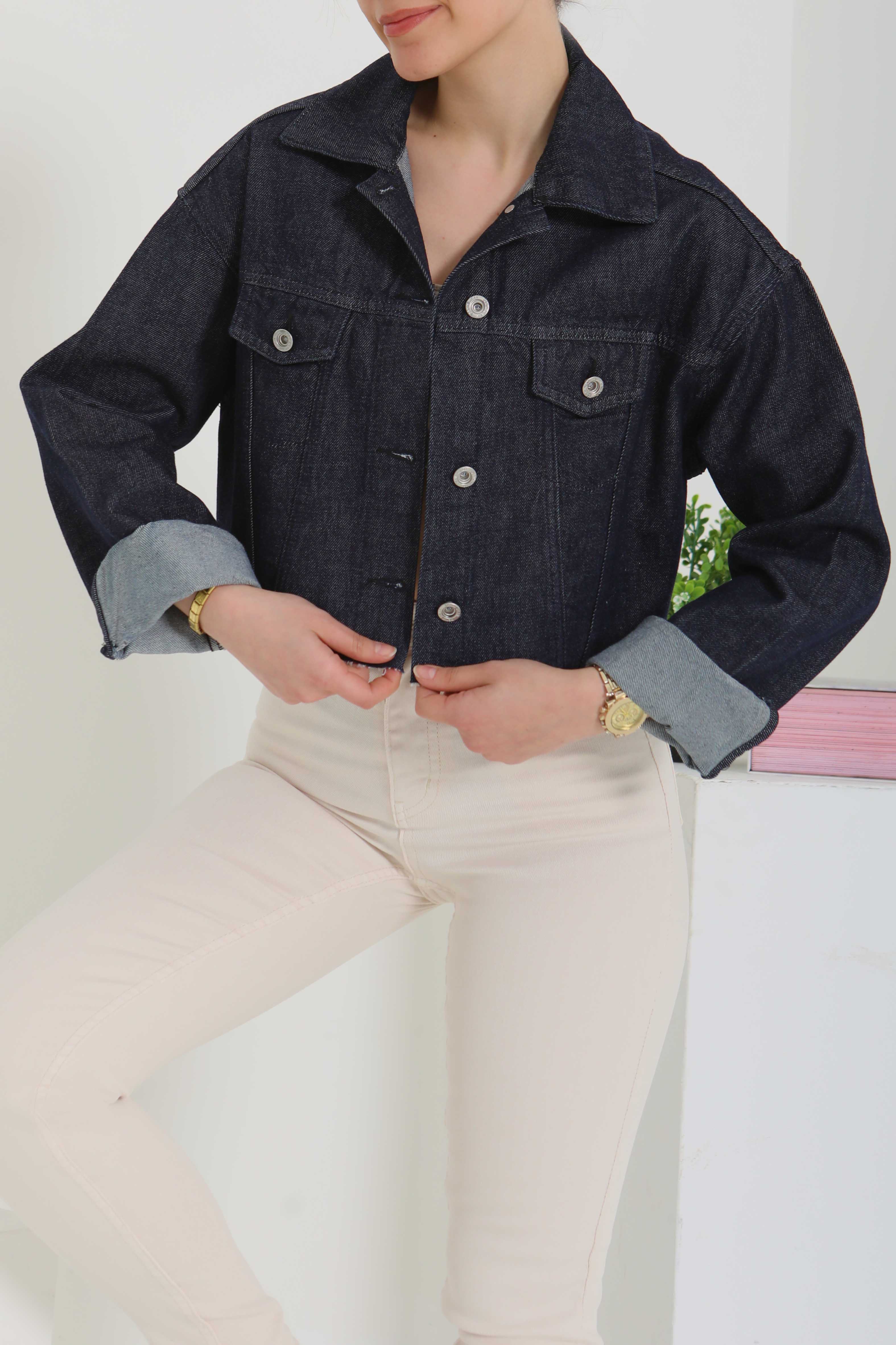 Kadın Çift Cepli Lazer Kesim Crop Kot Ceket - 26582 - 2