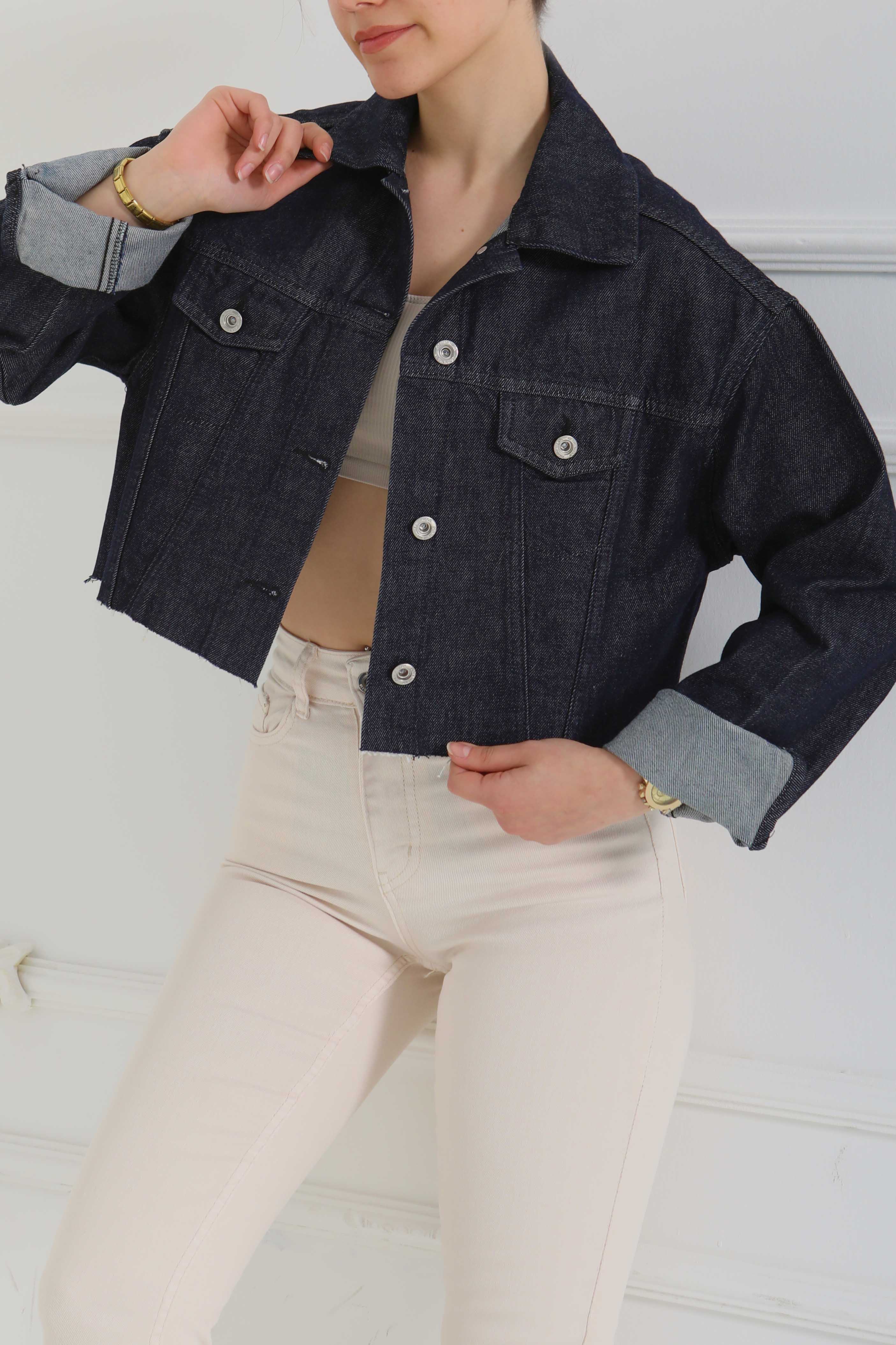 Kadın Çift Cepli Lazer Kesim Crop Kot Ceket - 26582 - 3