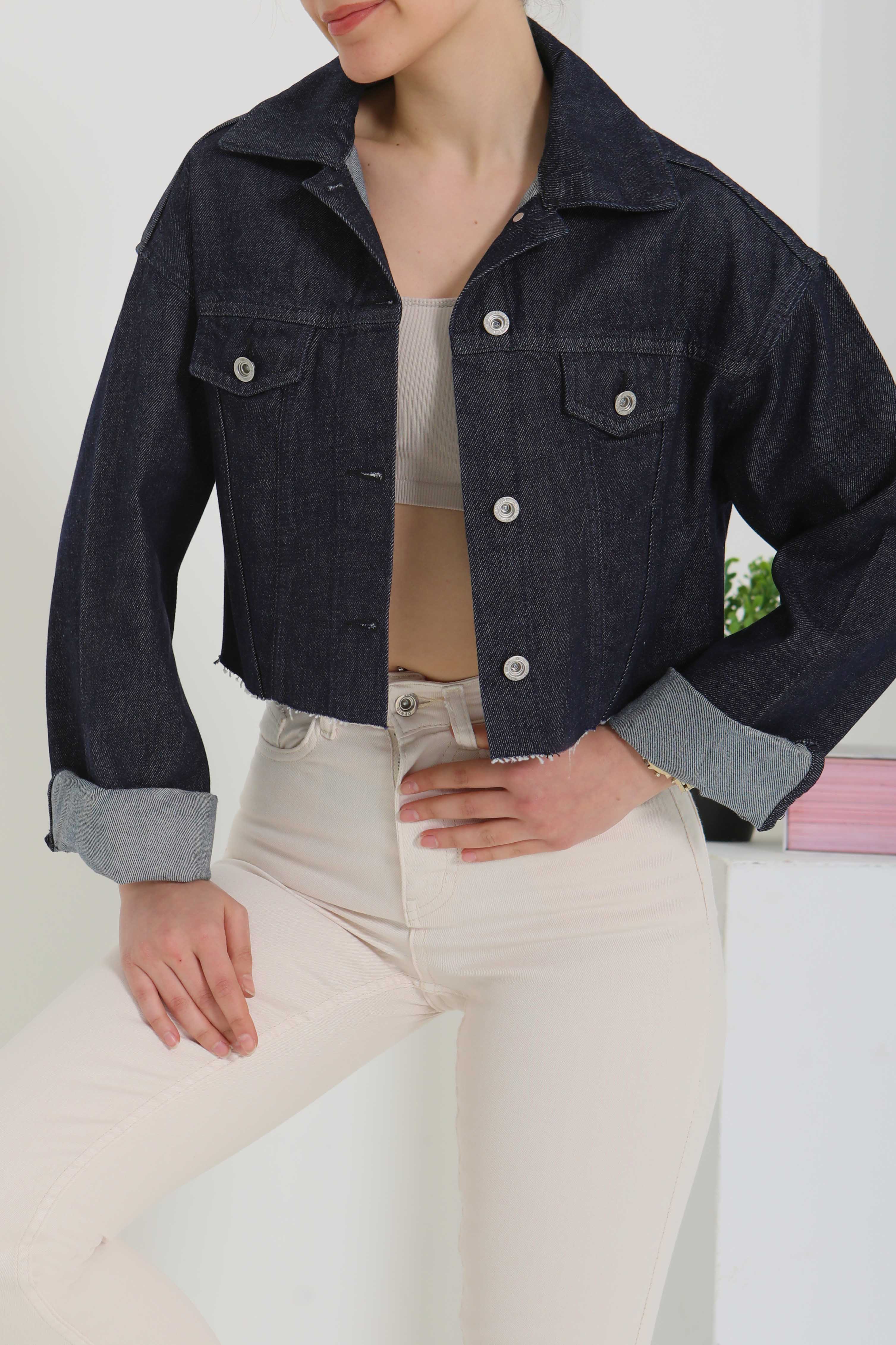 Kadın Çift Cepli Lazer Kesim Crop Kot Ceket - 26582 - 4