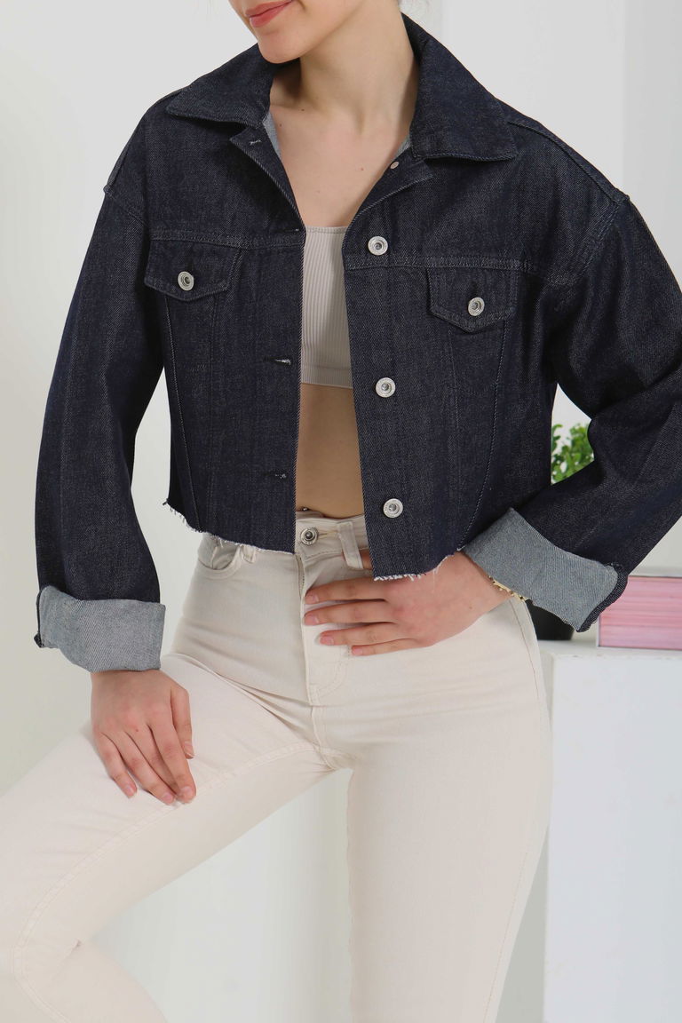 Kadın Çift Cepli Lazer Kesim Crop Kot Ceket - 26582 - TOFİSA