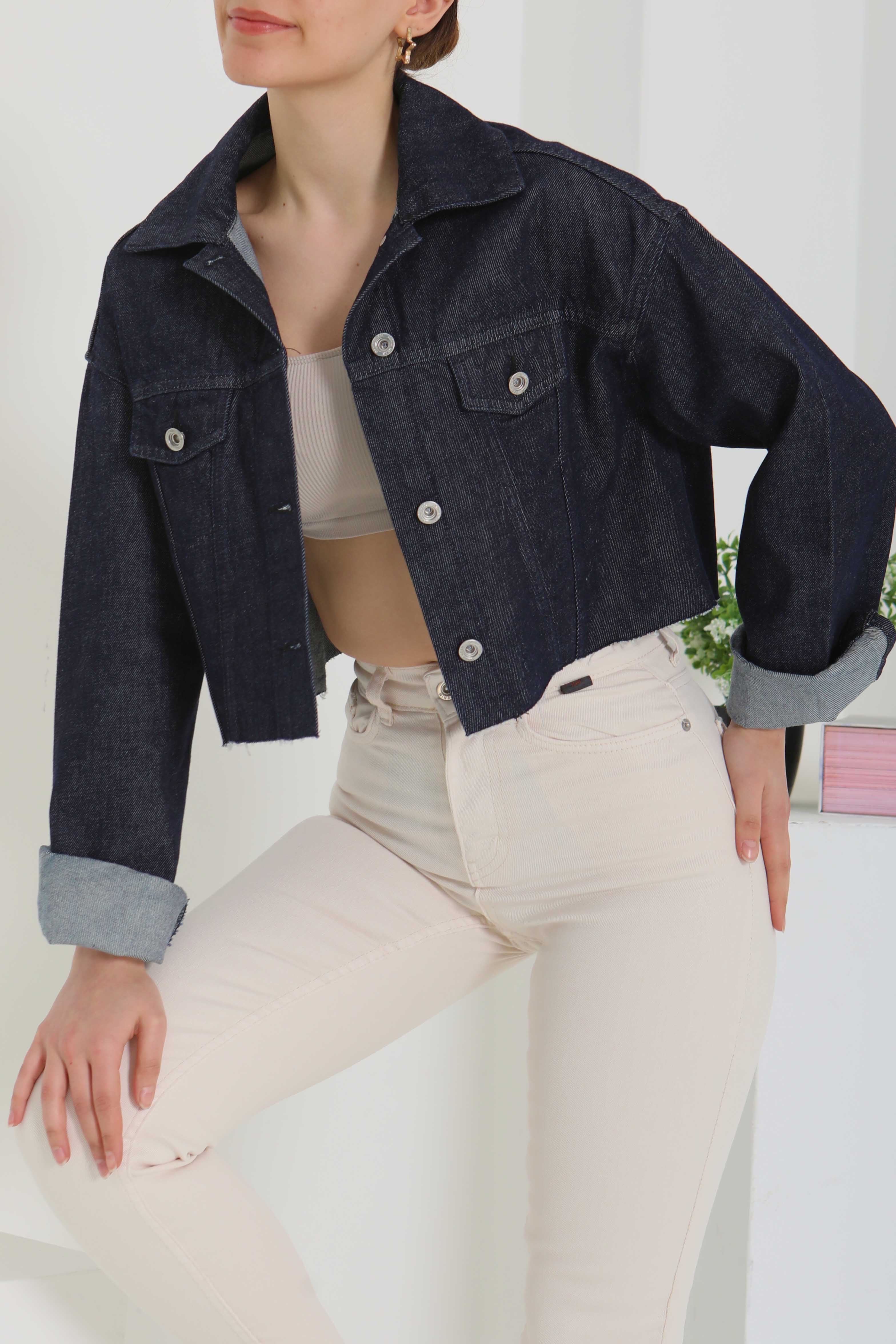 Kadın Çift Cepli Lazer Kesim Crop Kot Ceket - 26582 - 5