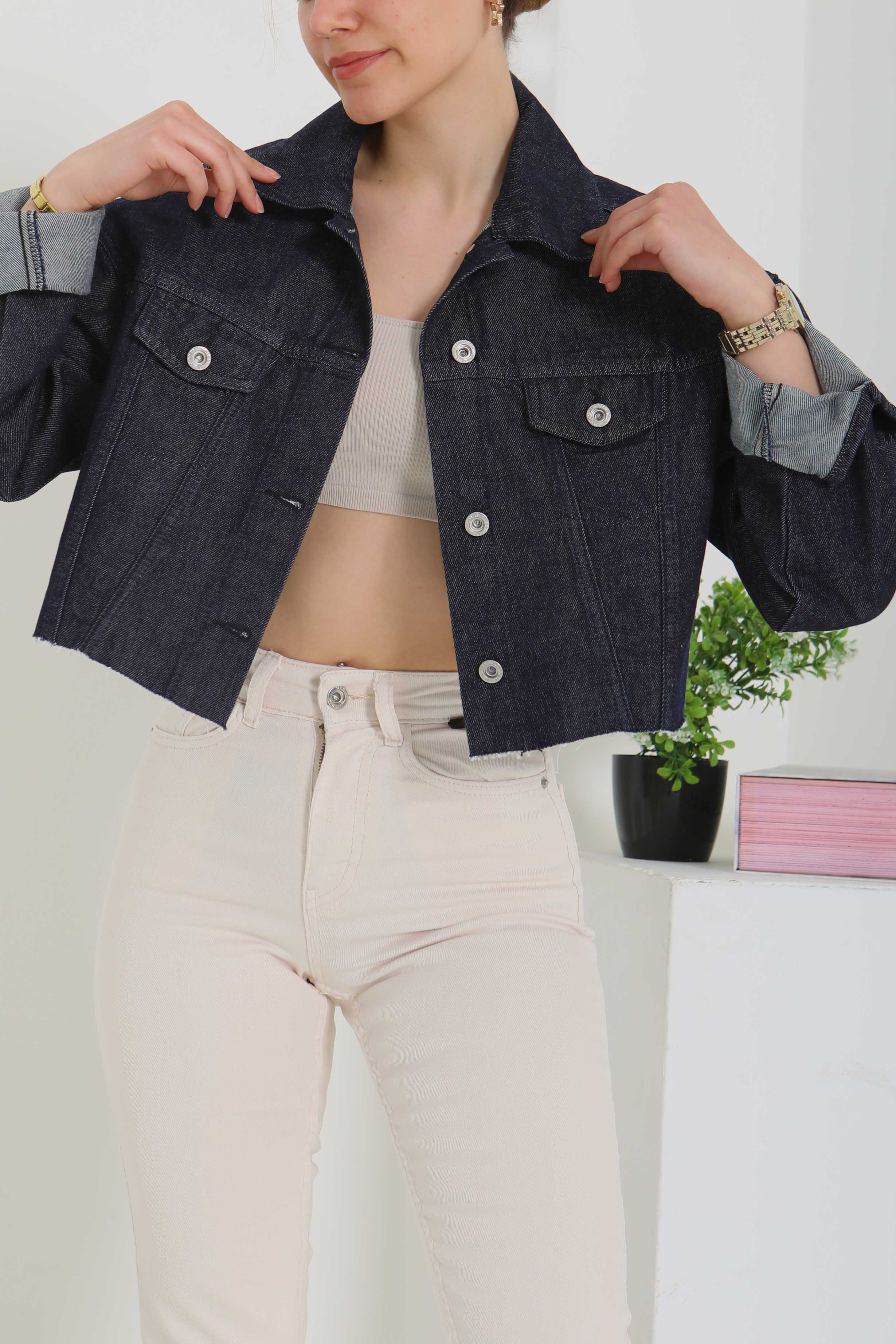 Kadın Çift Cepli Lazer Kesim Crop Kot Ceket - 26582 - 6