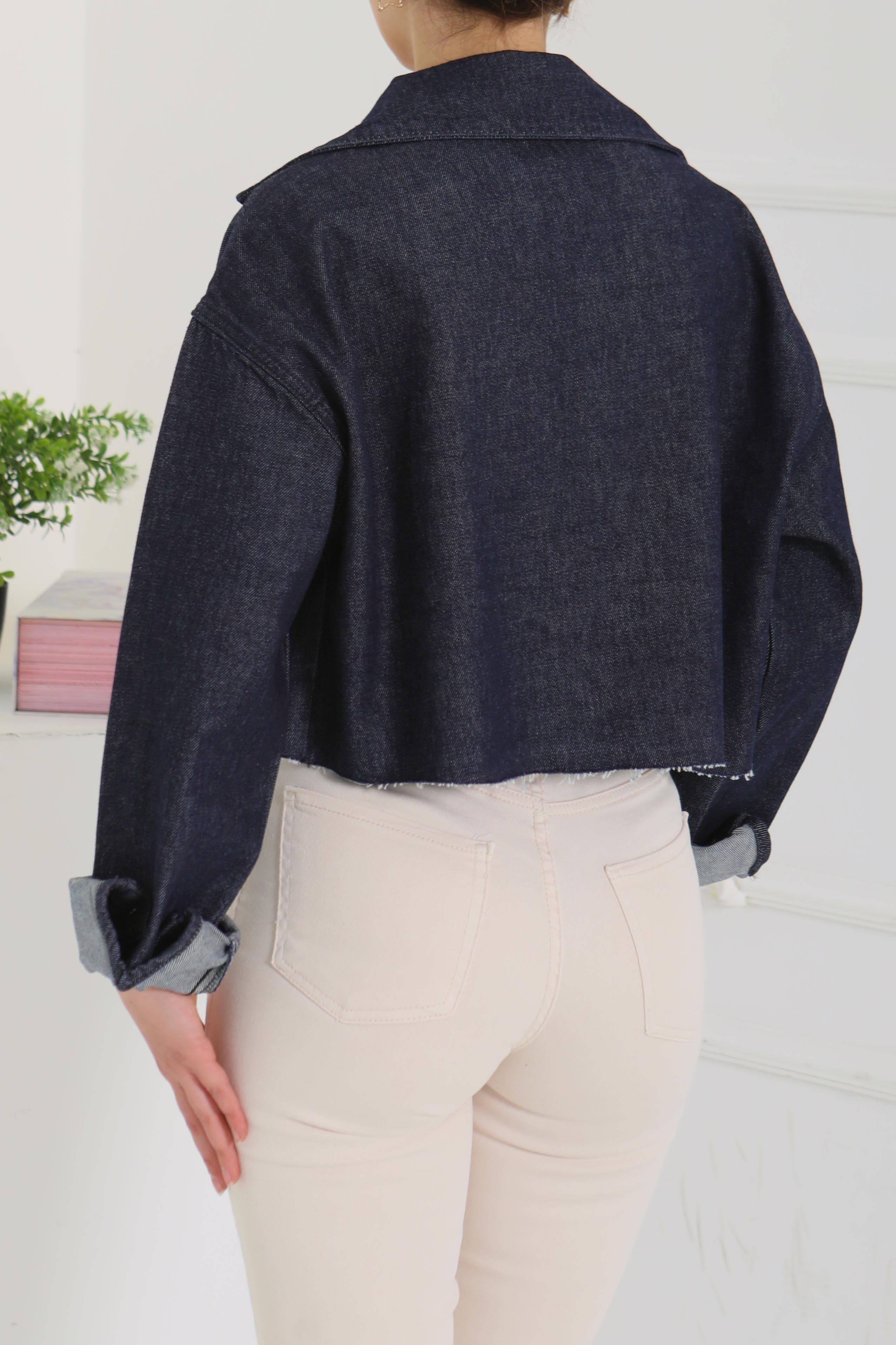 Kadın Çift Cepli Lazer Kesim Crop Kot Ceket - 26582 - 7