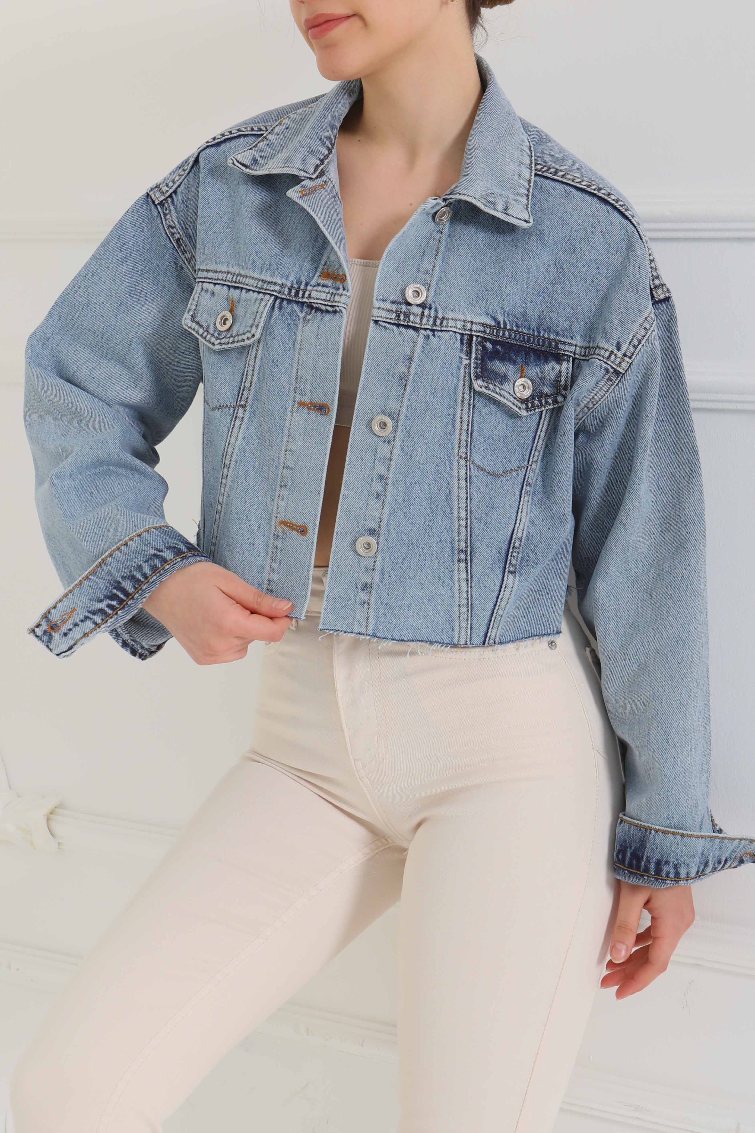 Kadın Çift Cepli Lazer Kesim Crop Kot Ceket Mavi - 26582 - 2