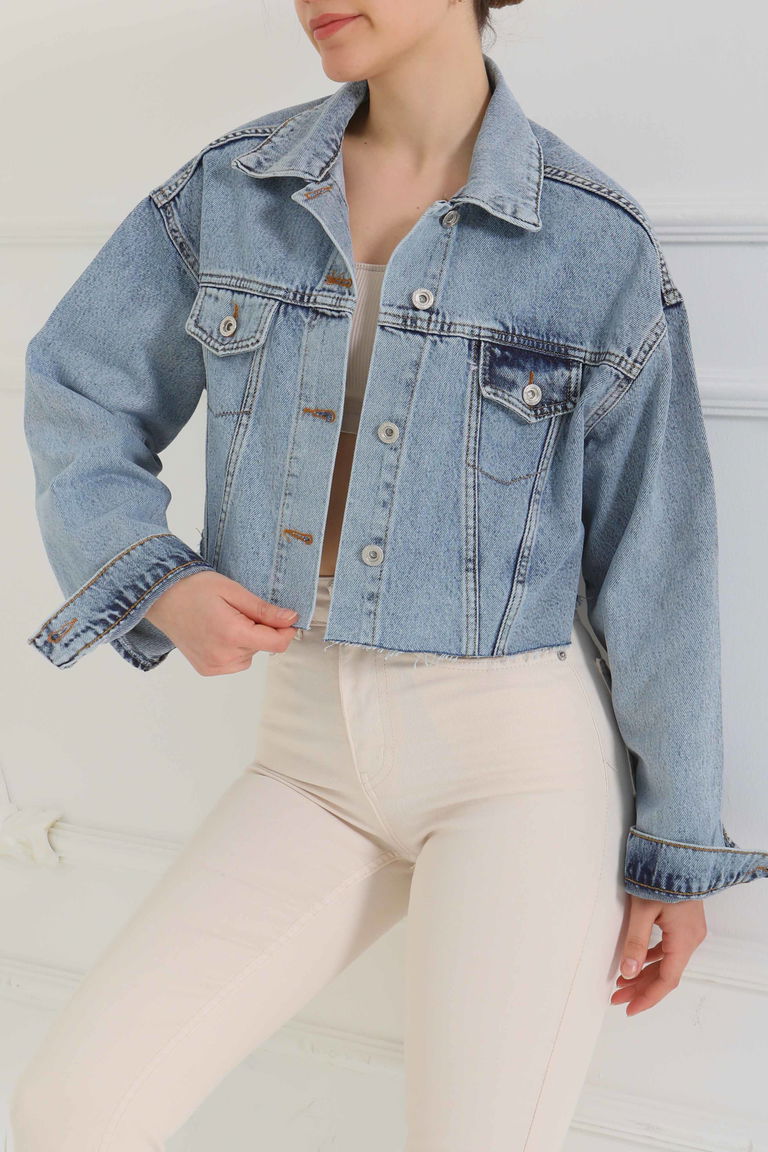 Kadın Çift Cepli Lazer Kesim Crop Kot Ceket Mavi - 26582 - TOFİSA