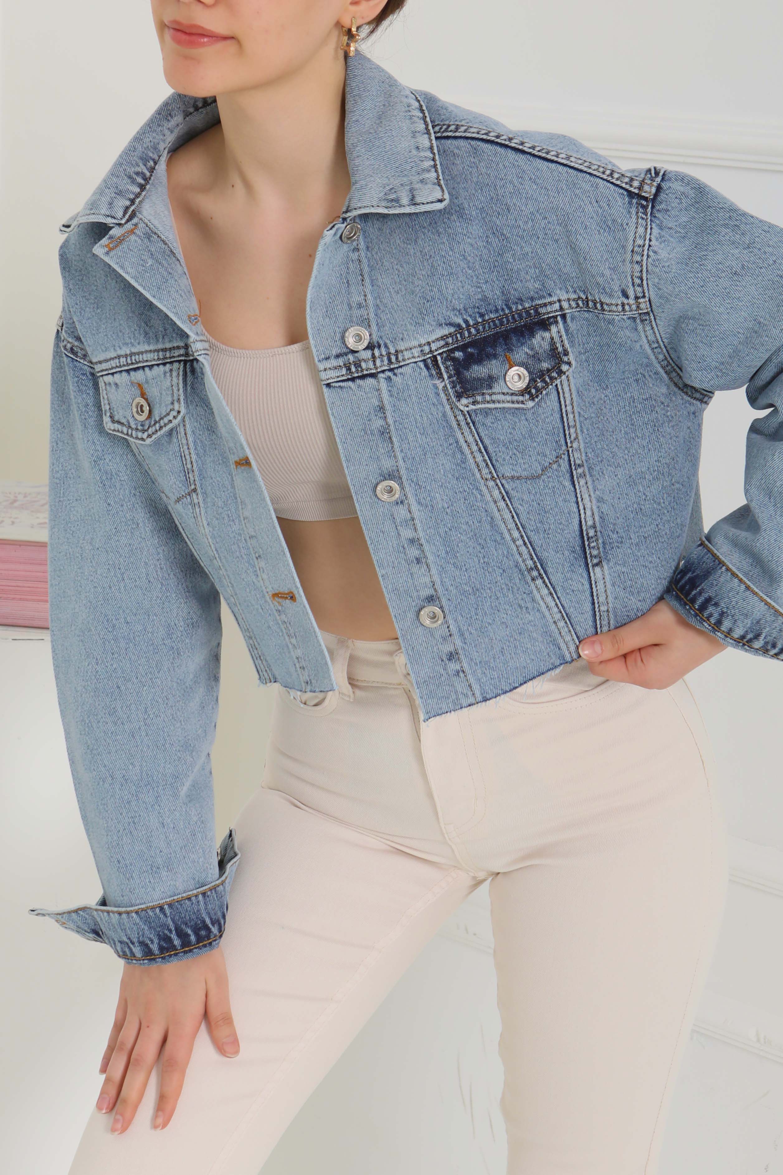 Kadın Çift Cepli Lazer Kesim Crop Kot Ceket Mavi - 26582 - 3