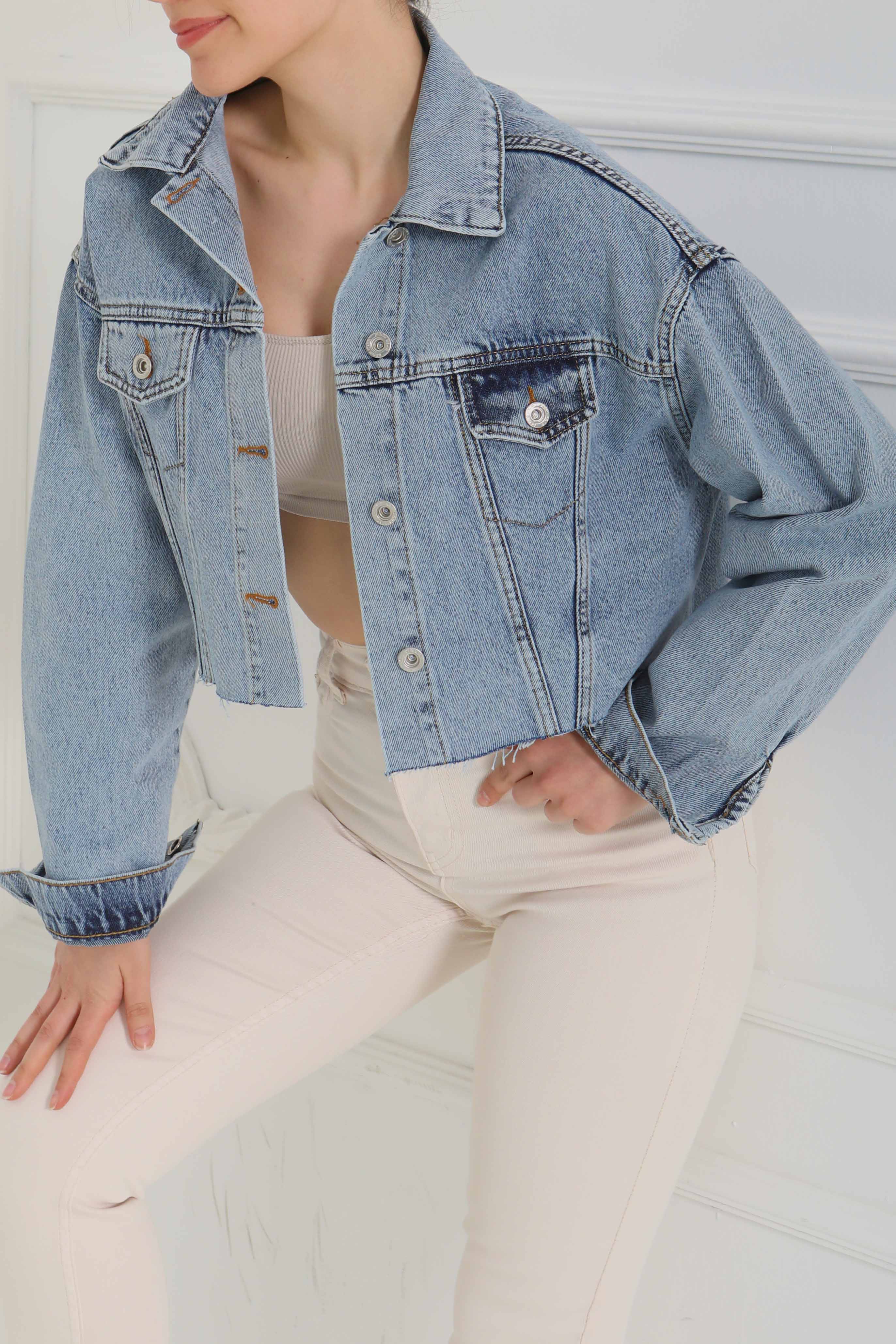 Kadın Çift Cepli Lazer Kesim Crop Kot Ceket Mavi - 26582 - 4