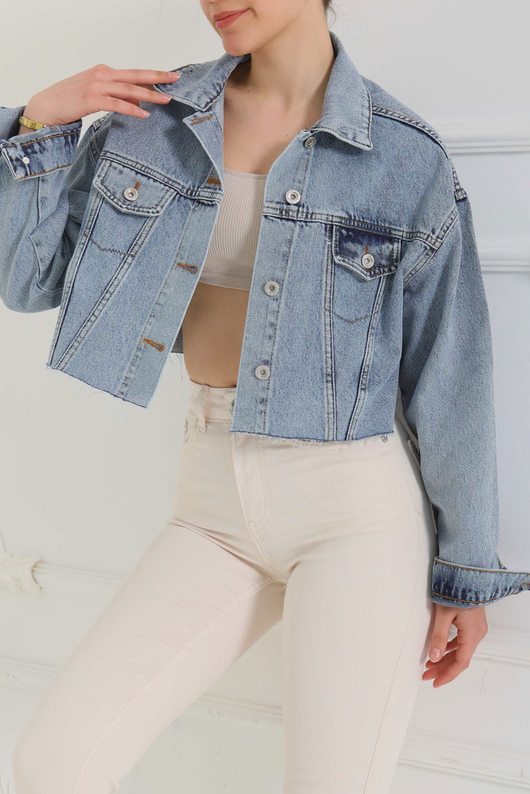 Kadın Çift Cepli Lazer Kesim Crop Kot Ceket Mavi - 26582 - TOFİSA