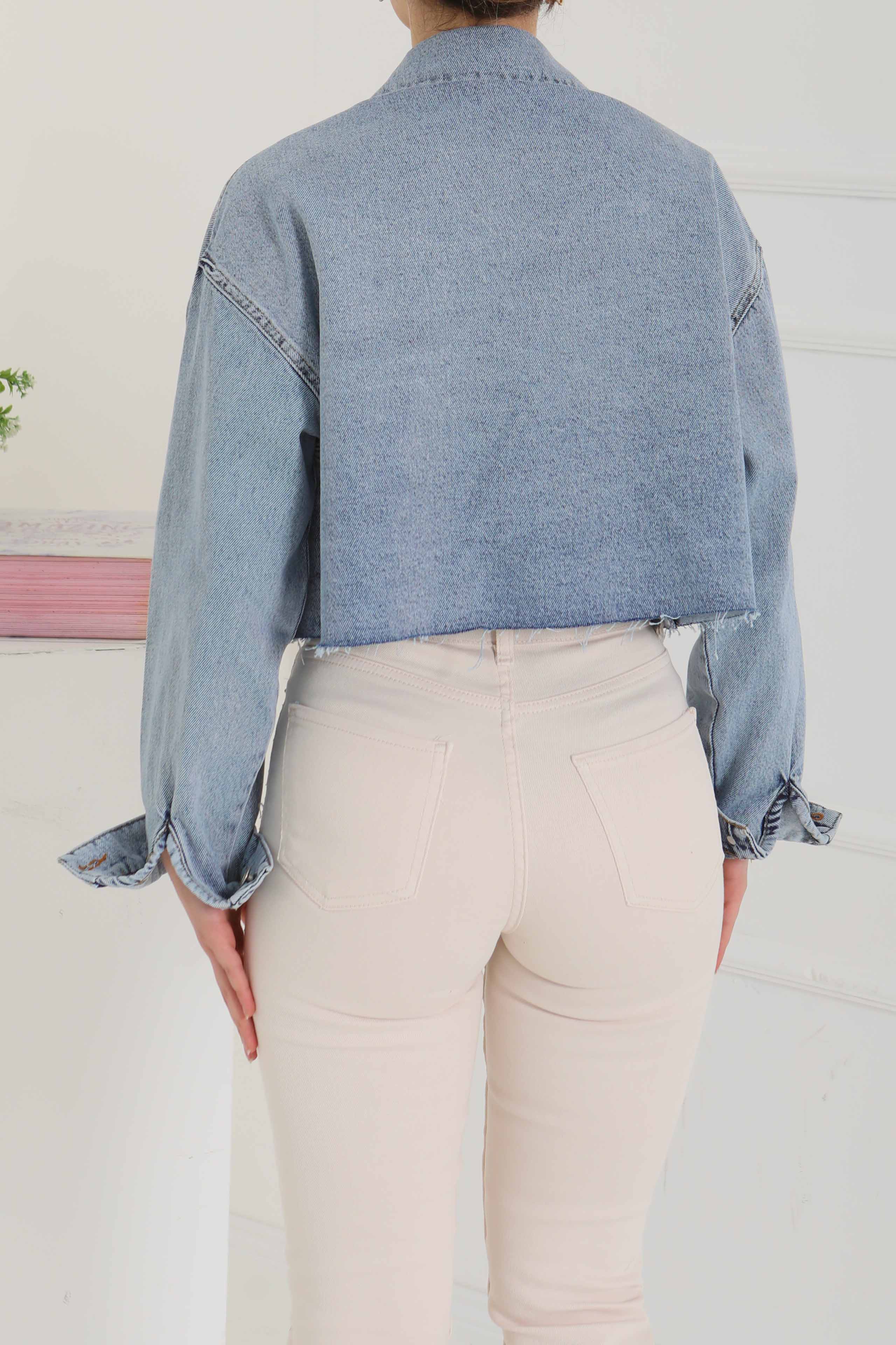 Kadın Çift Cepli Lazer Kesim Crop Kot Ceket Mavi - 26582 - 7