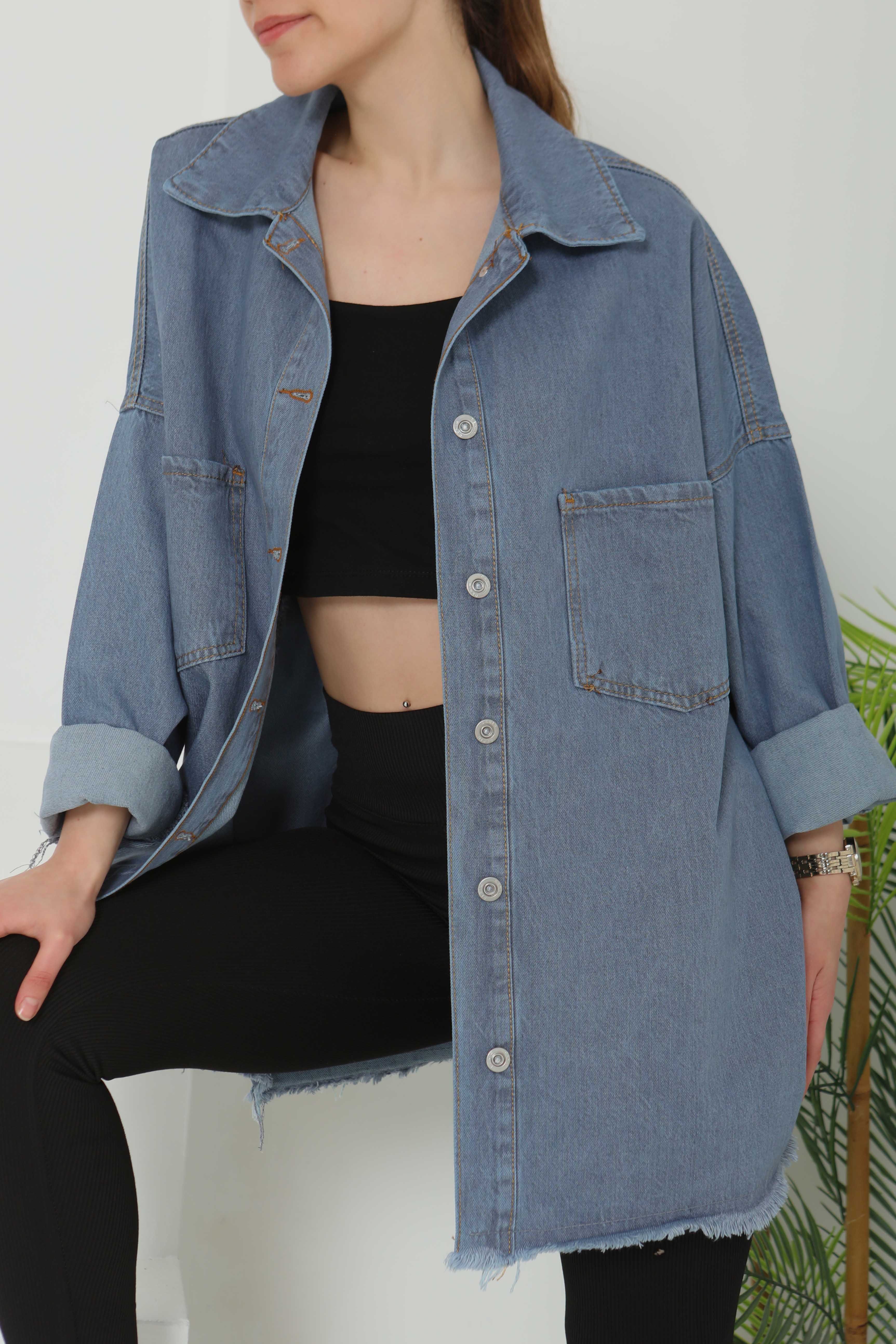 Kadın Çift Cepli Püskül Detay Kot Ceket - 26576 - 1