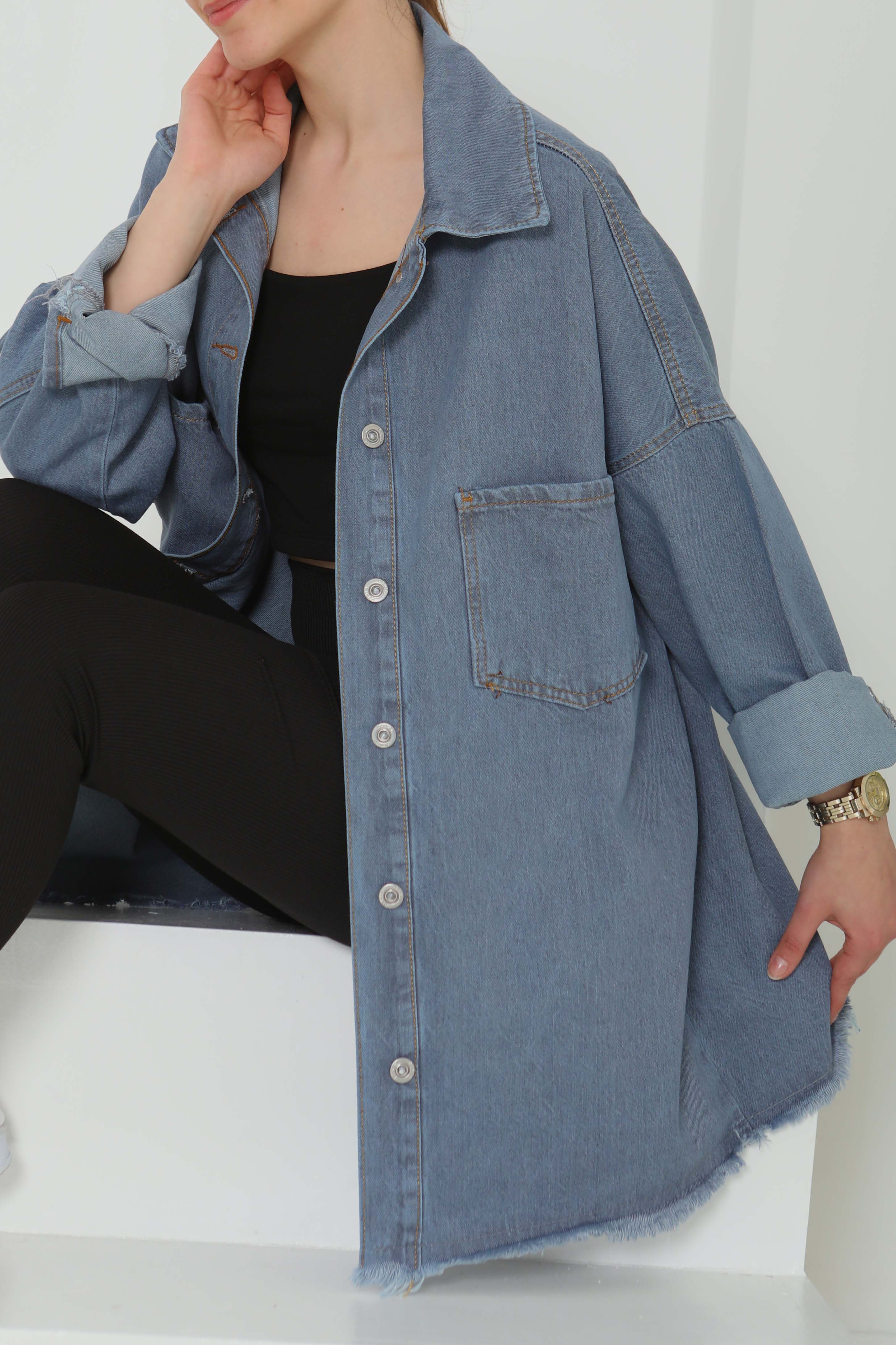 Kadın Çift Cepli Püskül Detay Kot Ceket - 26576 - 2