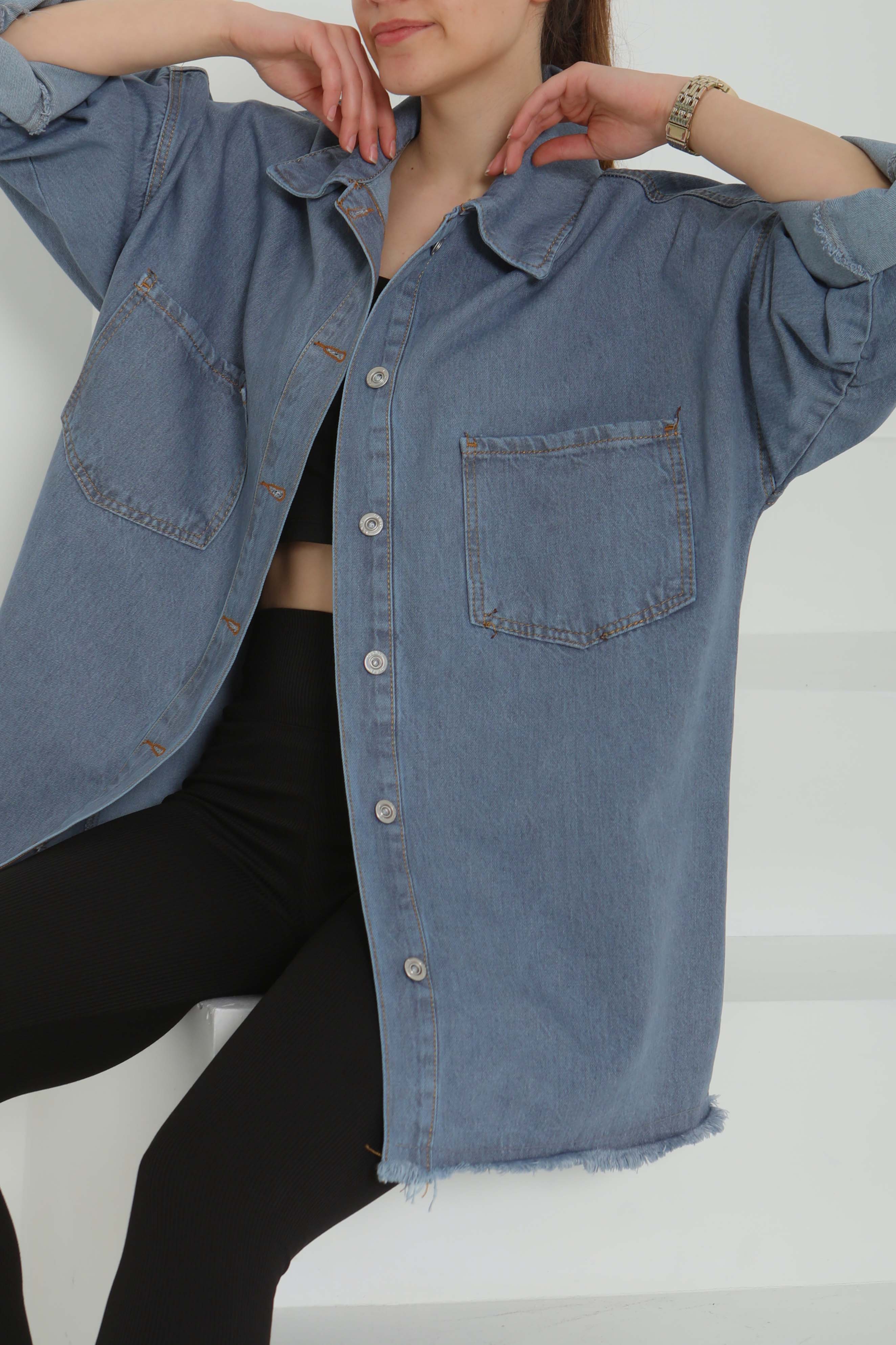 Kadın Çift Cepli Püskül Detay Kot Ceket - 26576 - 3