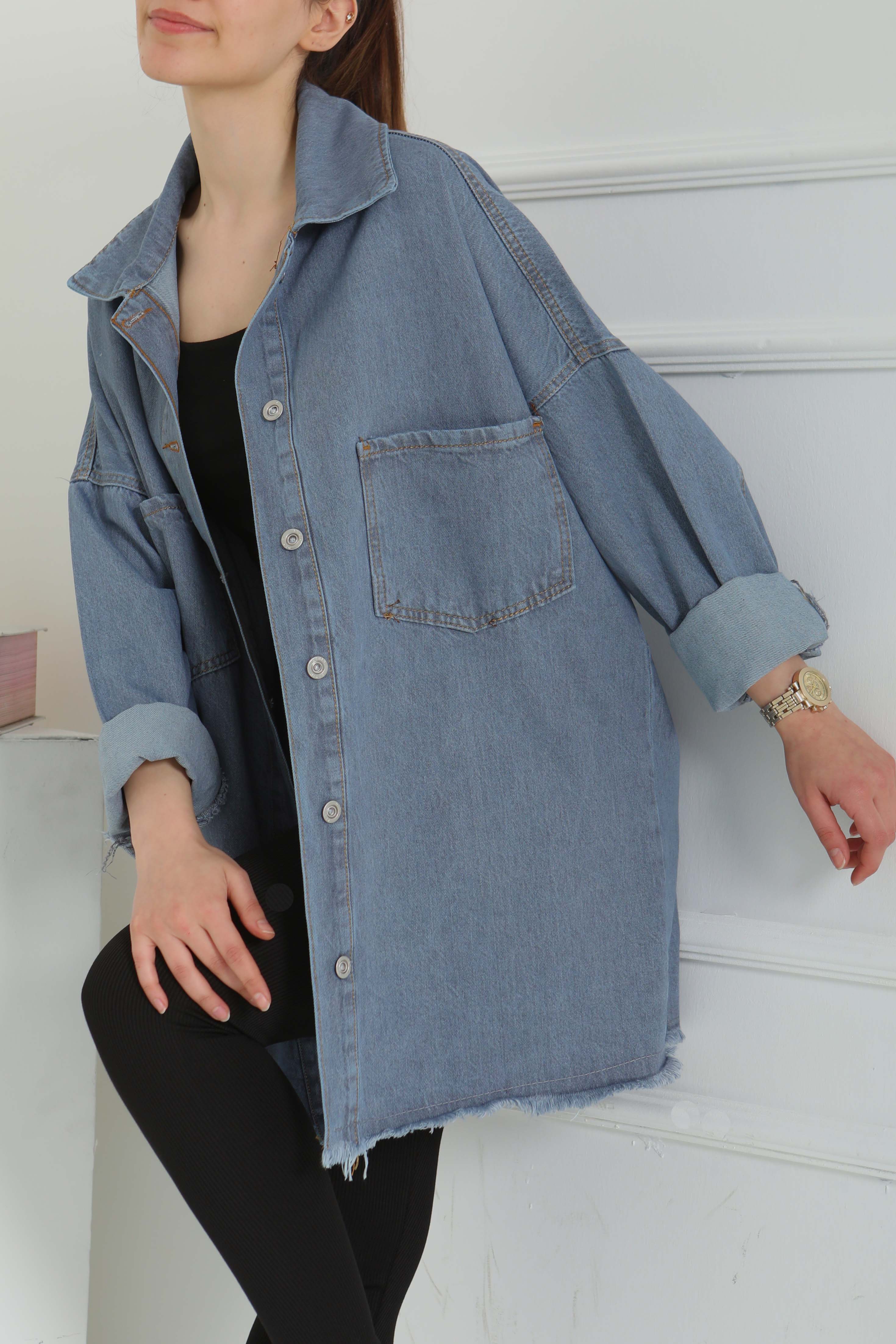 Kadın Çift Cepli Püskül Detay Kot Ceket - 26576 - 4