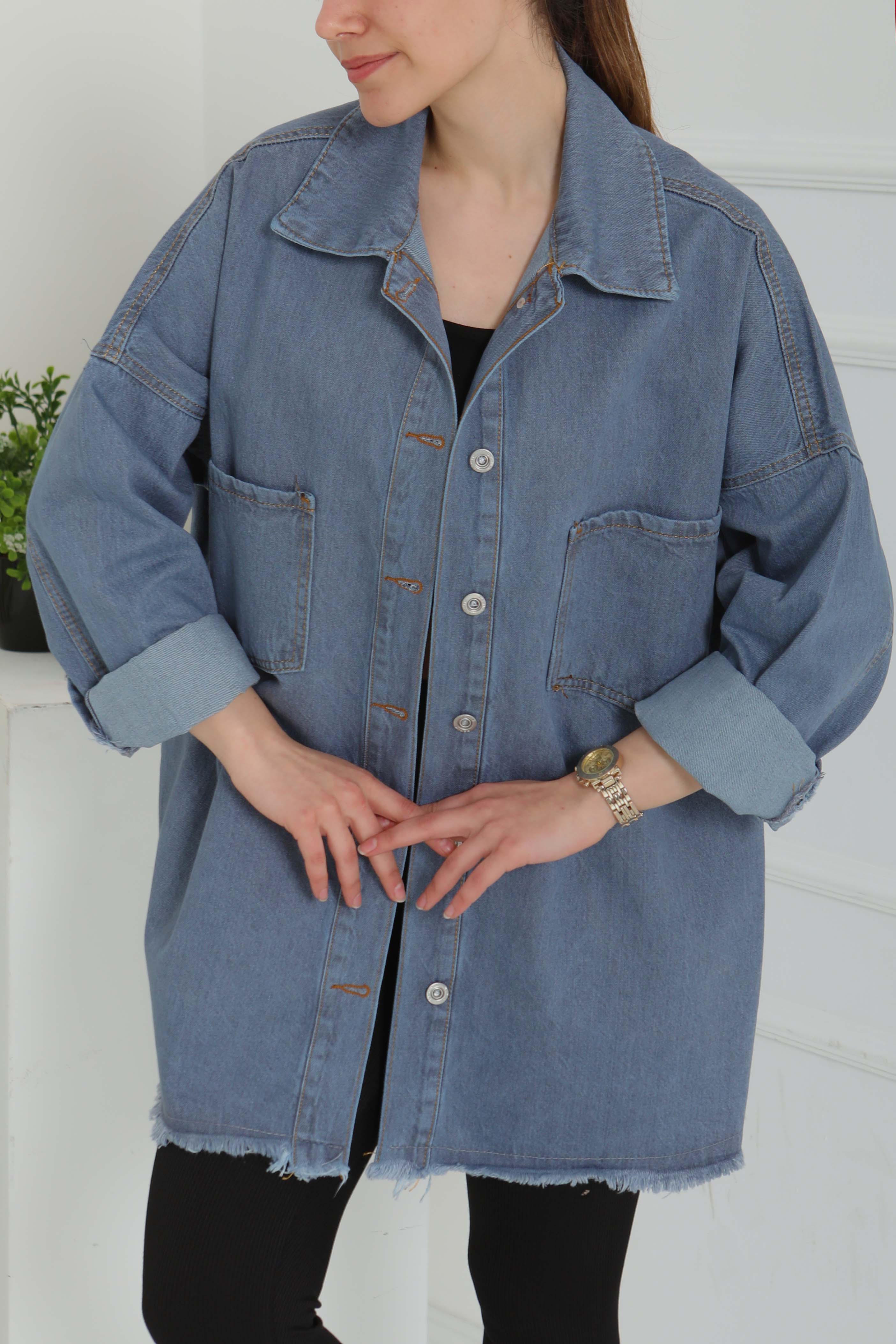 Kadın Çift Cepli Püskül Detay Kot Ceket - 26576 - 5