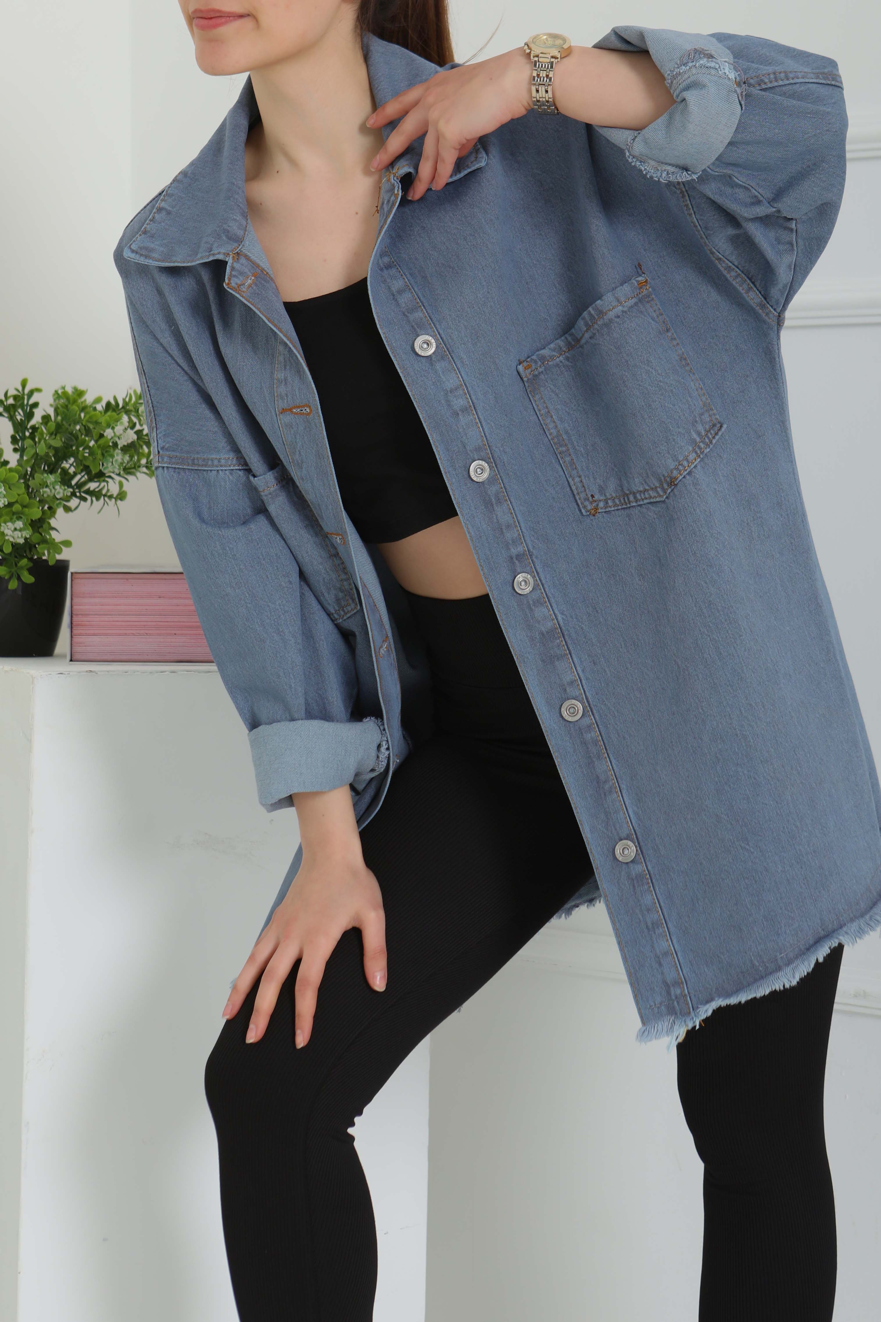 Kadın Çift Cepli Püskül Detay Kot Ceket - 26576 - 6