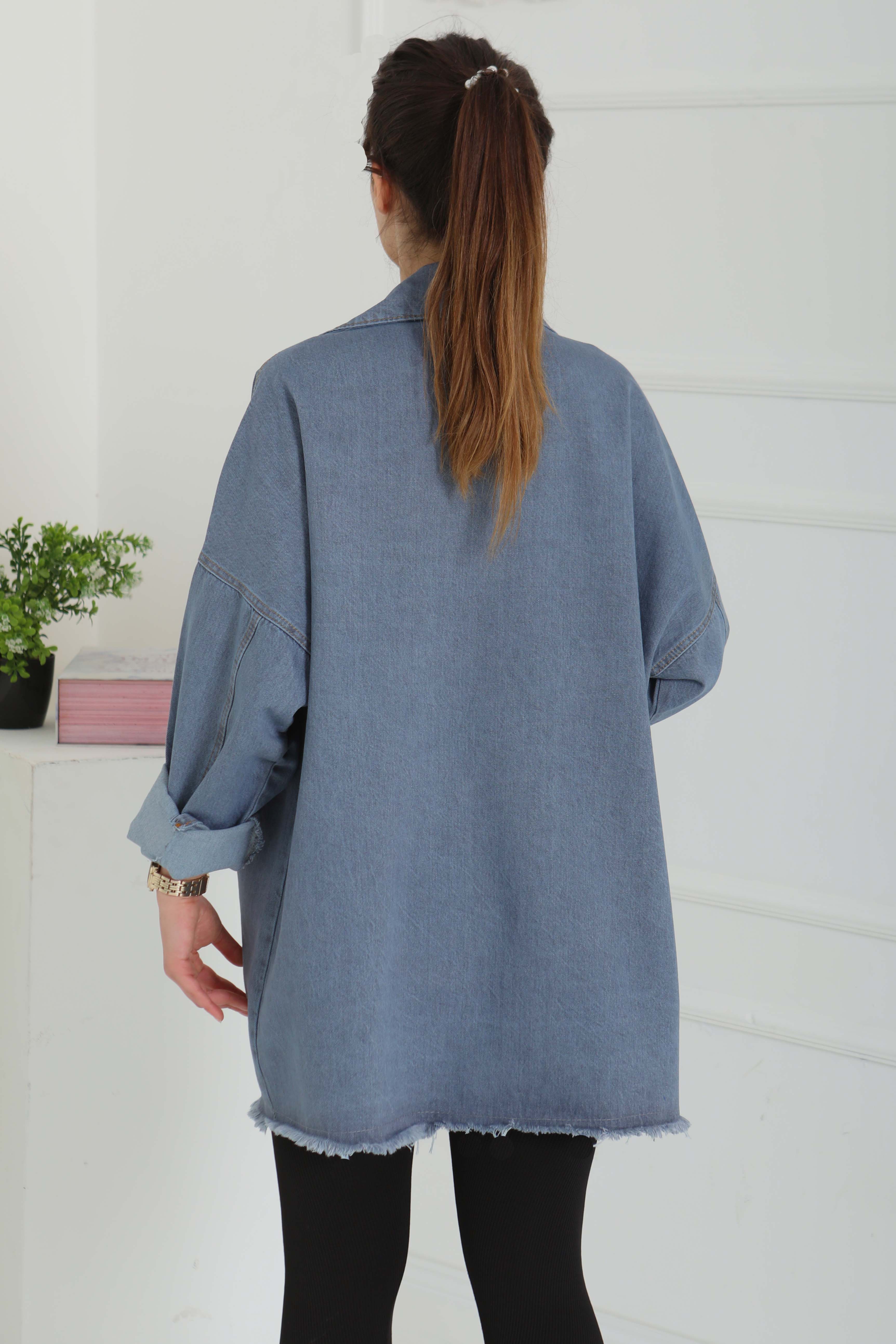 Kadın Çift Cepli Püskül Detay Kot Ceket - 26576 - 7