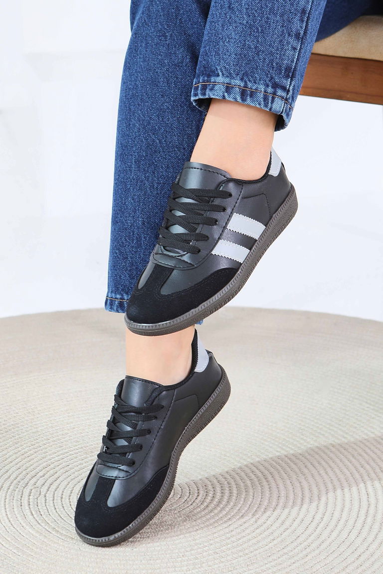 Kadın D1 Siyah Suni Deri Spor Ayakkabı - 27702-D1-SIYAH - TOFİSA