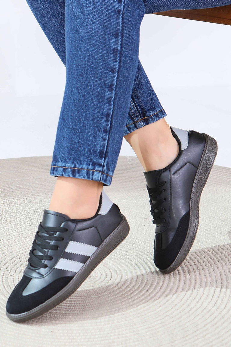 Kadın D1 Siyah Suni Deri Spor Ayakkabı - 27702-D1-SIYAH - TOFİSA