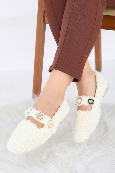 Kadın Ekru İnci Ve Tuğra Detaylı Peluş Babet - 27911-EKRU 