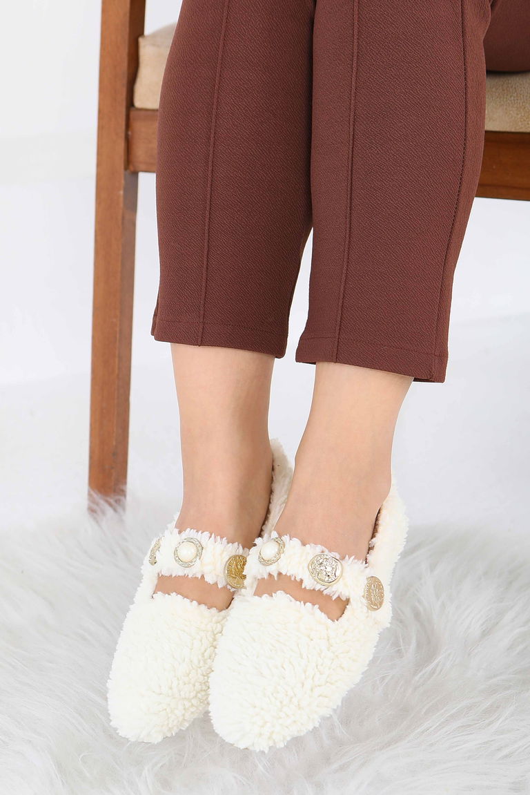 Kadın Ekru İnci Ve Tuğra Detaylı Peluş Babet - 27911-EKRU - TOFİSA