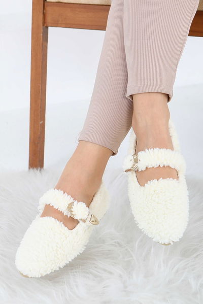 Kadın Ekru Kemer Detaylı Peluş Babet - 27910-EKRU 