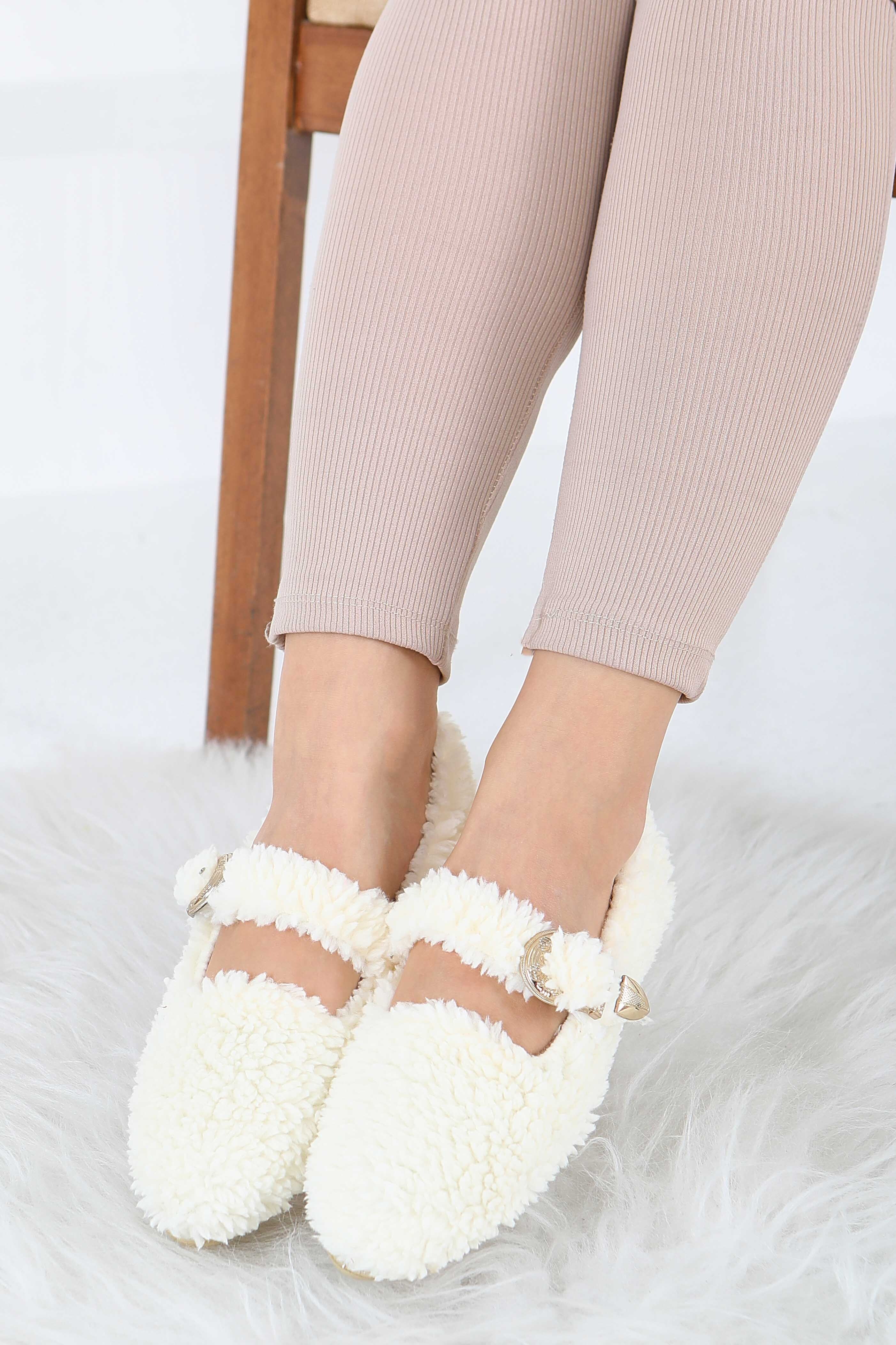 Kadın Ekru Kemer Detaylı Peluş Babet - 27910-EKRU - 2