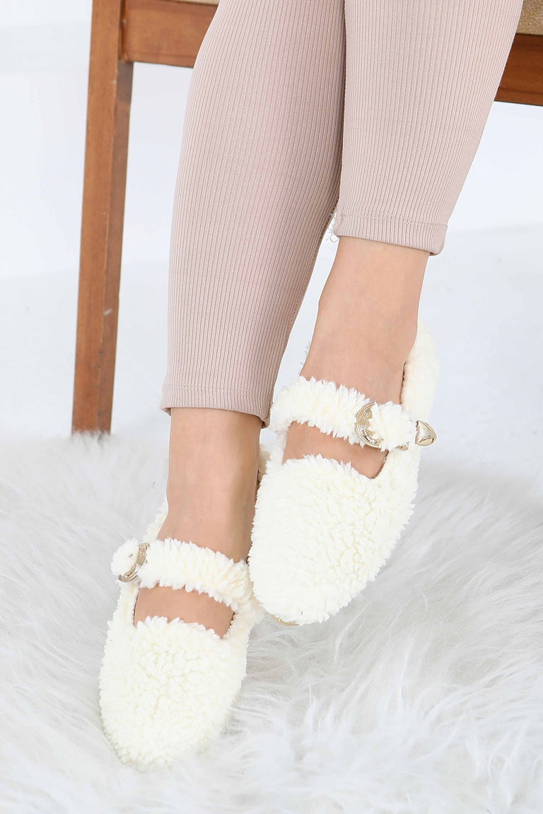 Kadın Ekru Kemer Detaylı Peluş Babet - 27910-EKRU - TOFİSA
