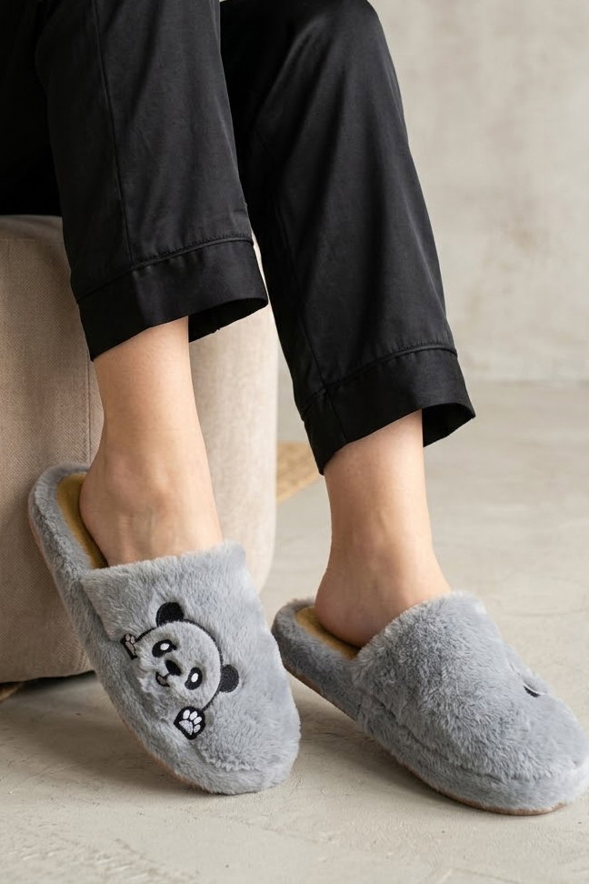 Kadın Füme Panda Nakışlı Ev Terliği - 29134-FUME - 1