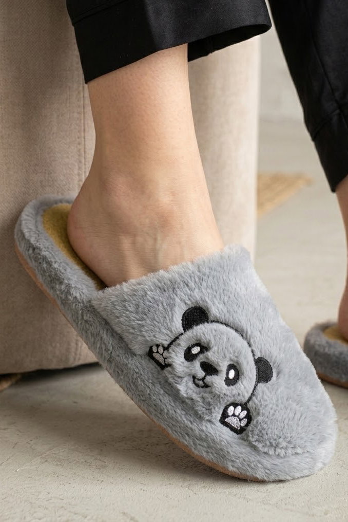 Kadın Füme Panda Nakışlı Ev Terliği - 29134-FUME - 2