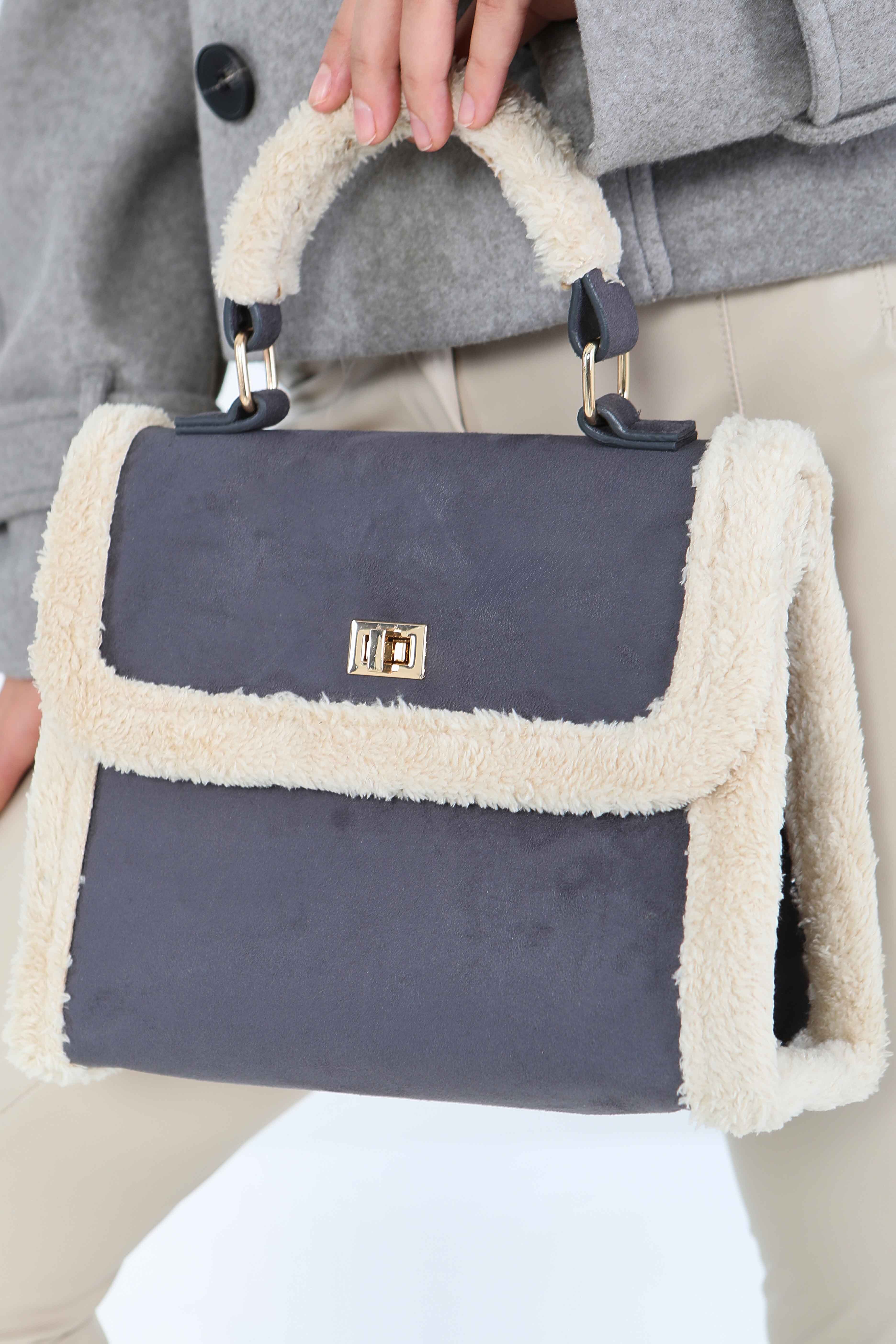 Kadın Füme Peluş Detaylı Süet El Çantası - 27845-FUME - 4