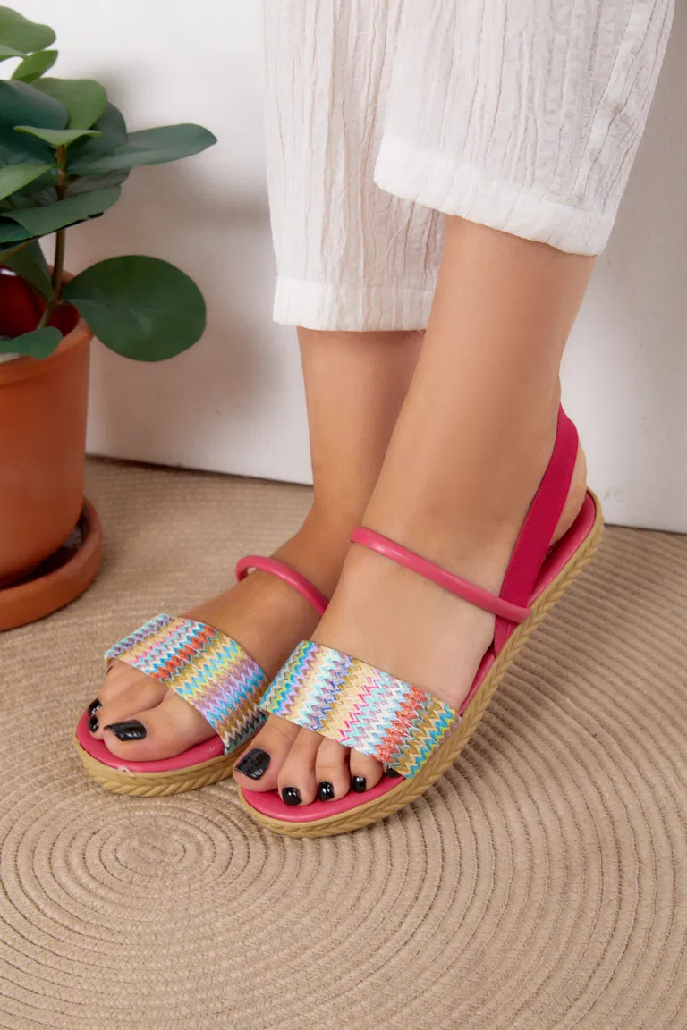 Kadın Fuşya Hasır Sandalet - 25527 - TOFİSA