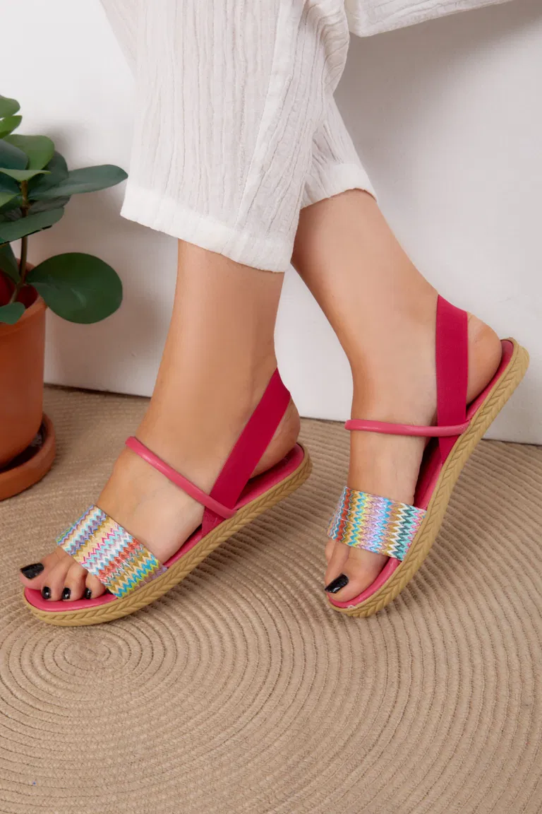 Kadın Fuşya Hasır Sandalet - 25527 - TOFİSA