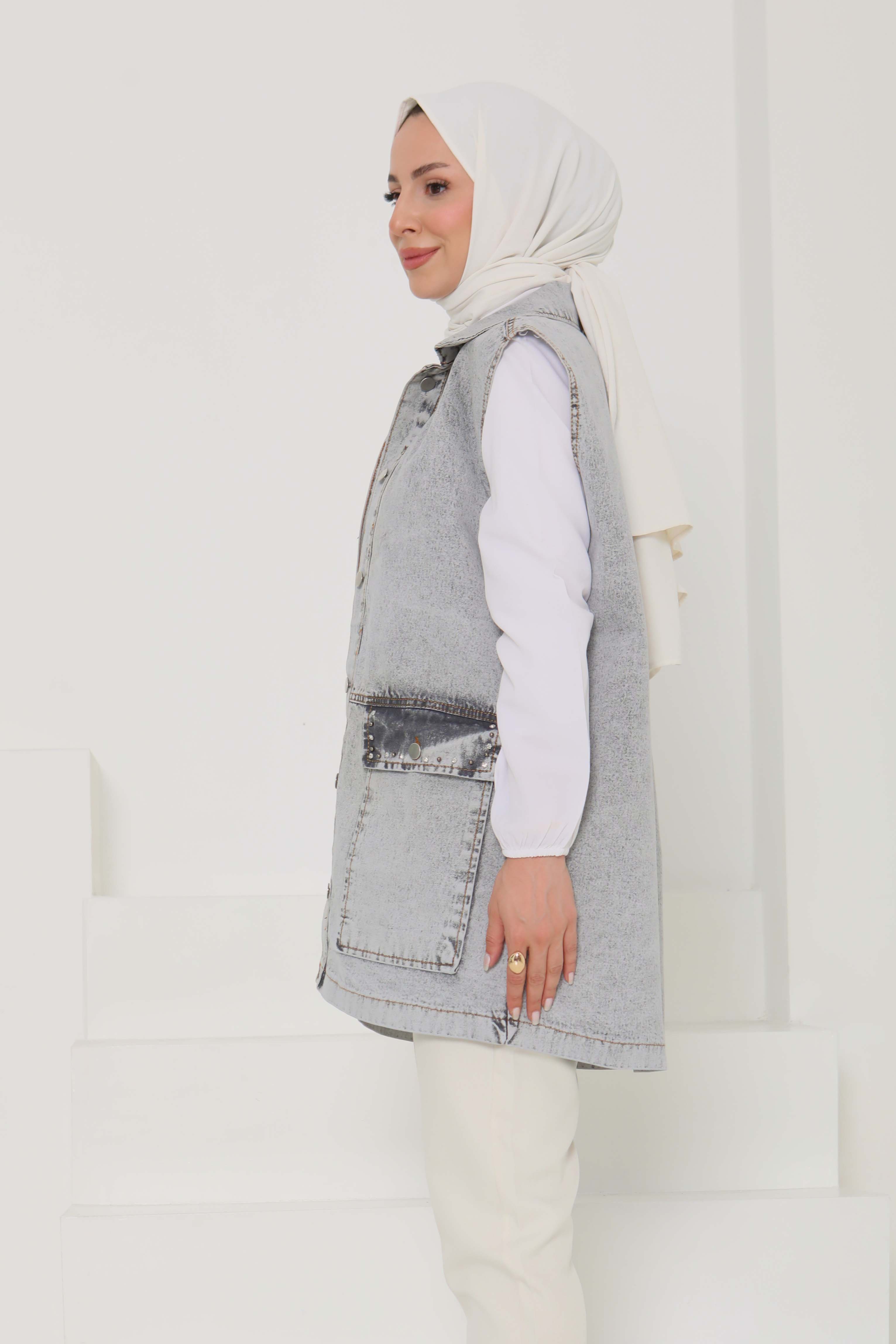 Kadın Geniş Cep Taş Detay Kot Yelek - 26581 - 4