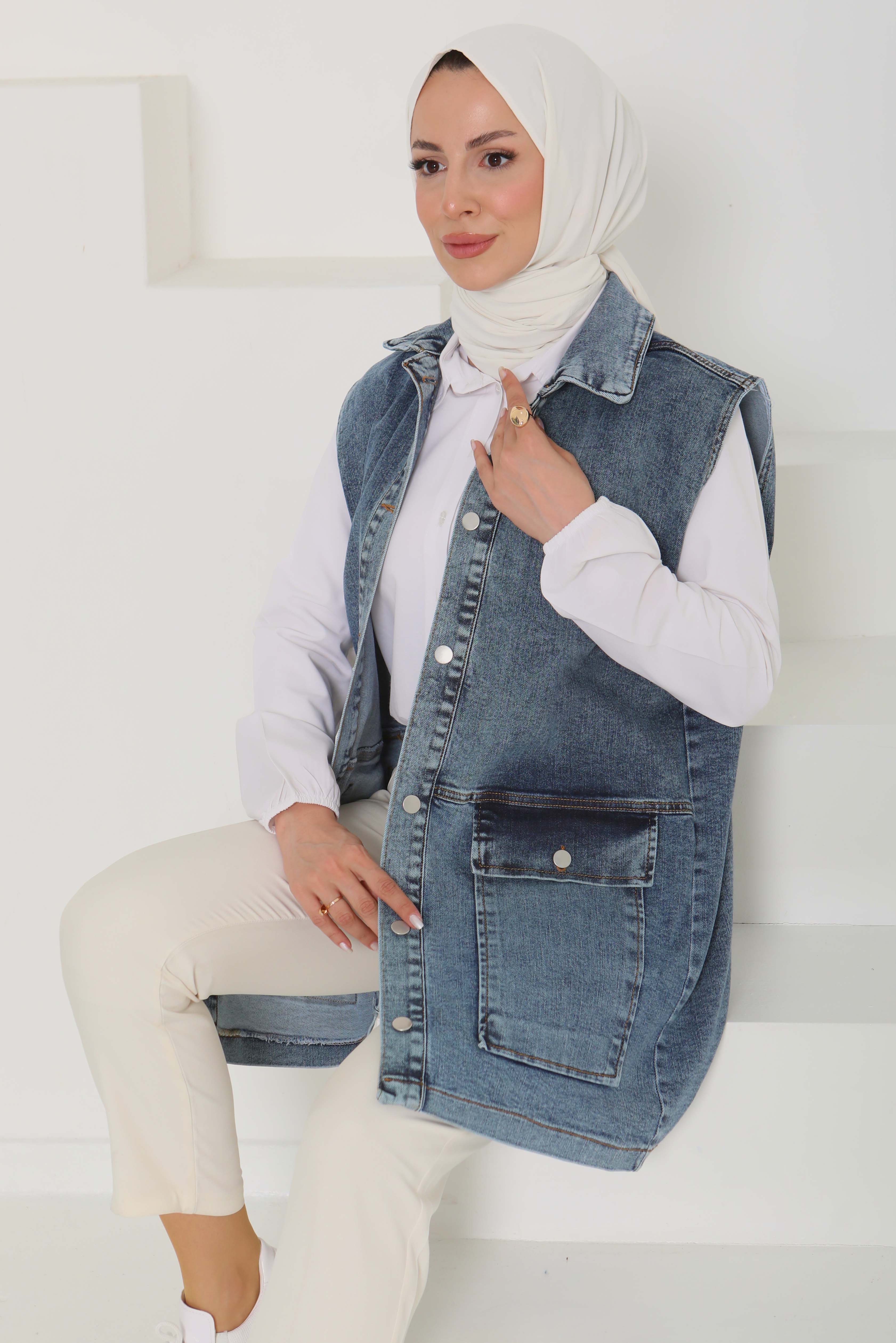 Kadın Geniş Cep Taş Detay Kot Yelek - 26581 - 1