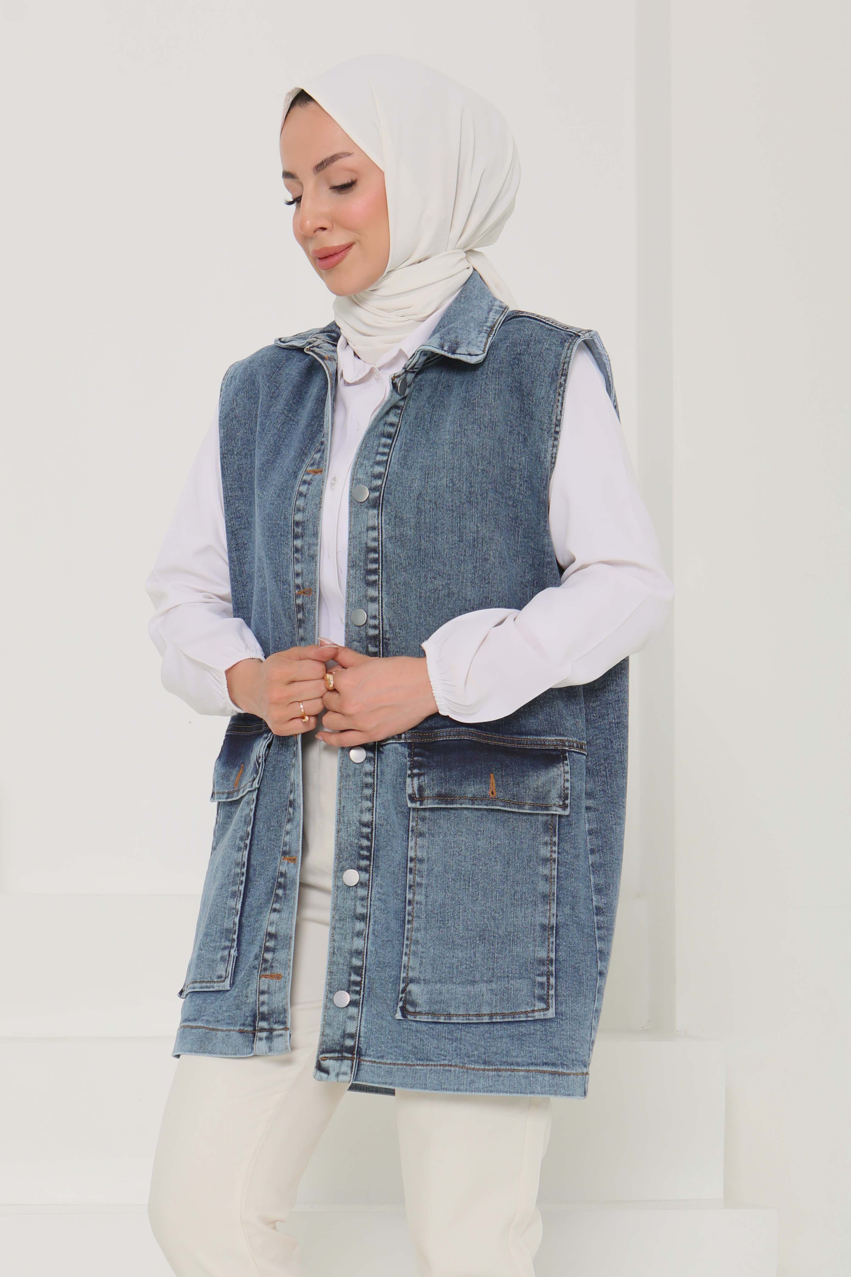 Kadın Geniş Cep Taş Detay Kot Yelek - 26581 - 3