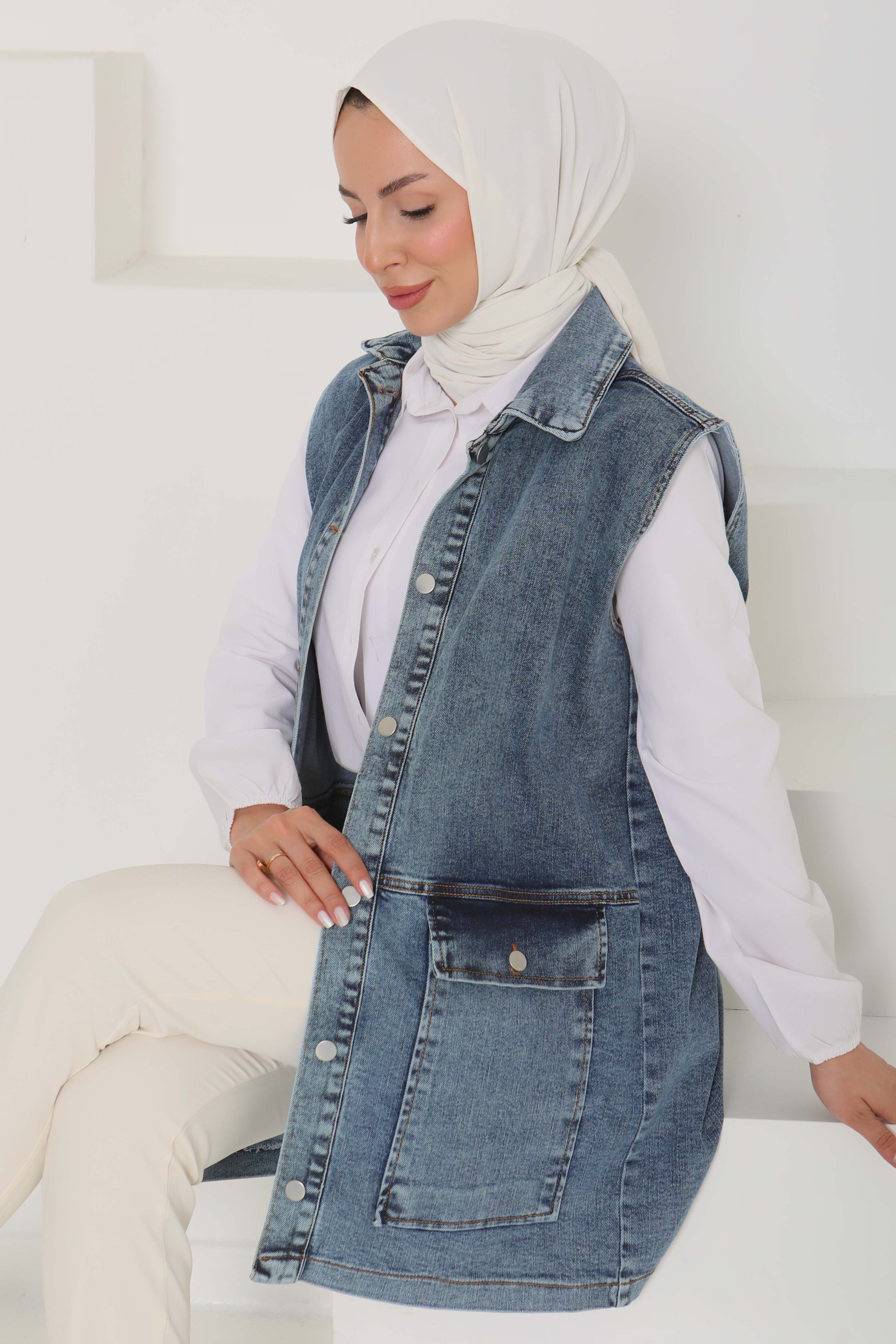 Kadın Geniş Cep Taş Detay Kot Yelek - 26581 - 4