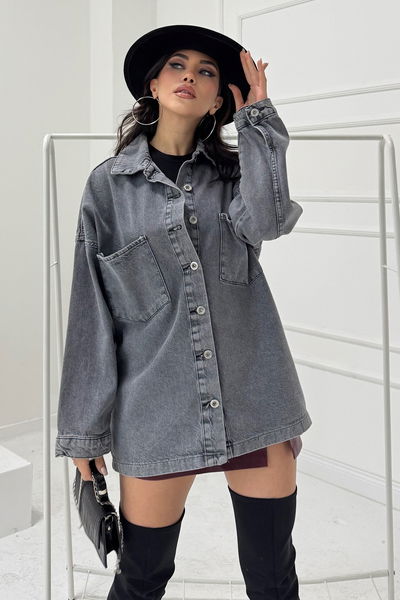 Kadın Gömlek Yaka Çift Cepli Jean Kot Ceket - 26676 