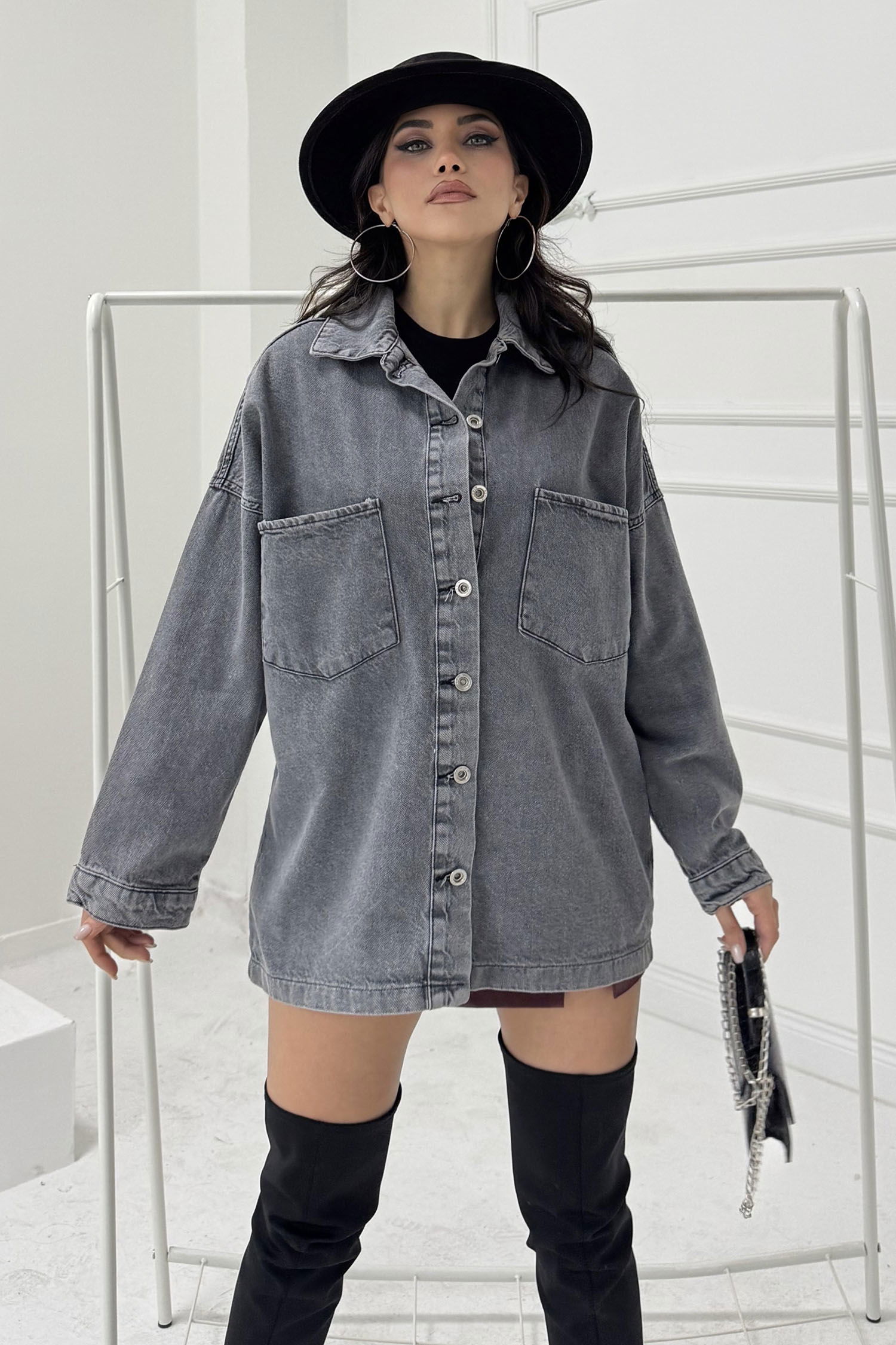 Kadın Gömlek Yaka Çift Cepli Jean Kot Ceket - 26676 - 3