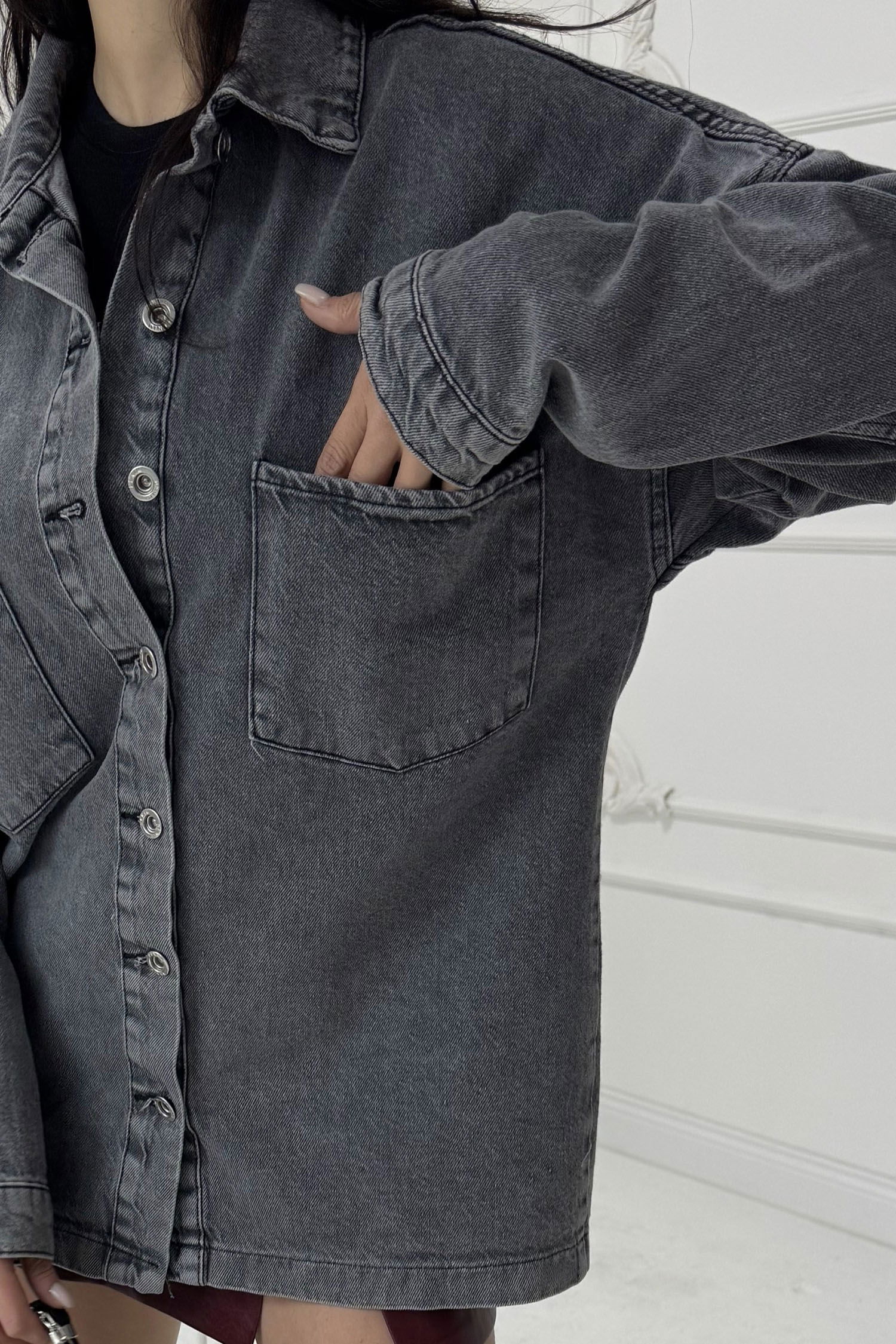 Kadın Gömlek Yaka Çift Cepli Jean Kot Ceket - 26676 - 4