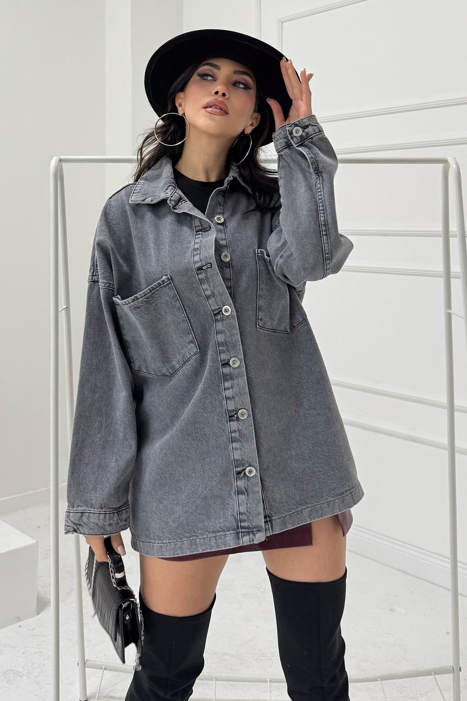 Kadın Gömlek Yaka Çift Cepli Jean Kot Ceket - 26676 - 1