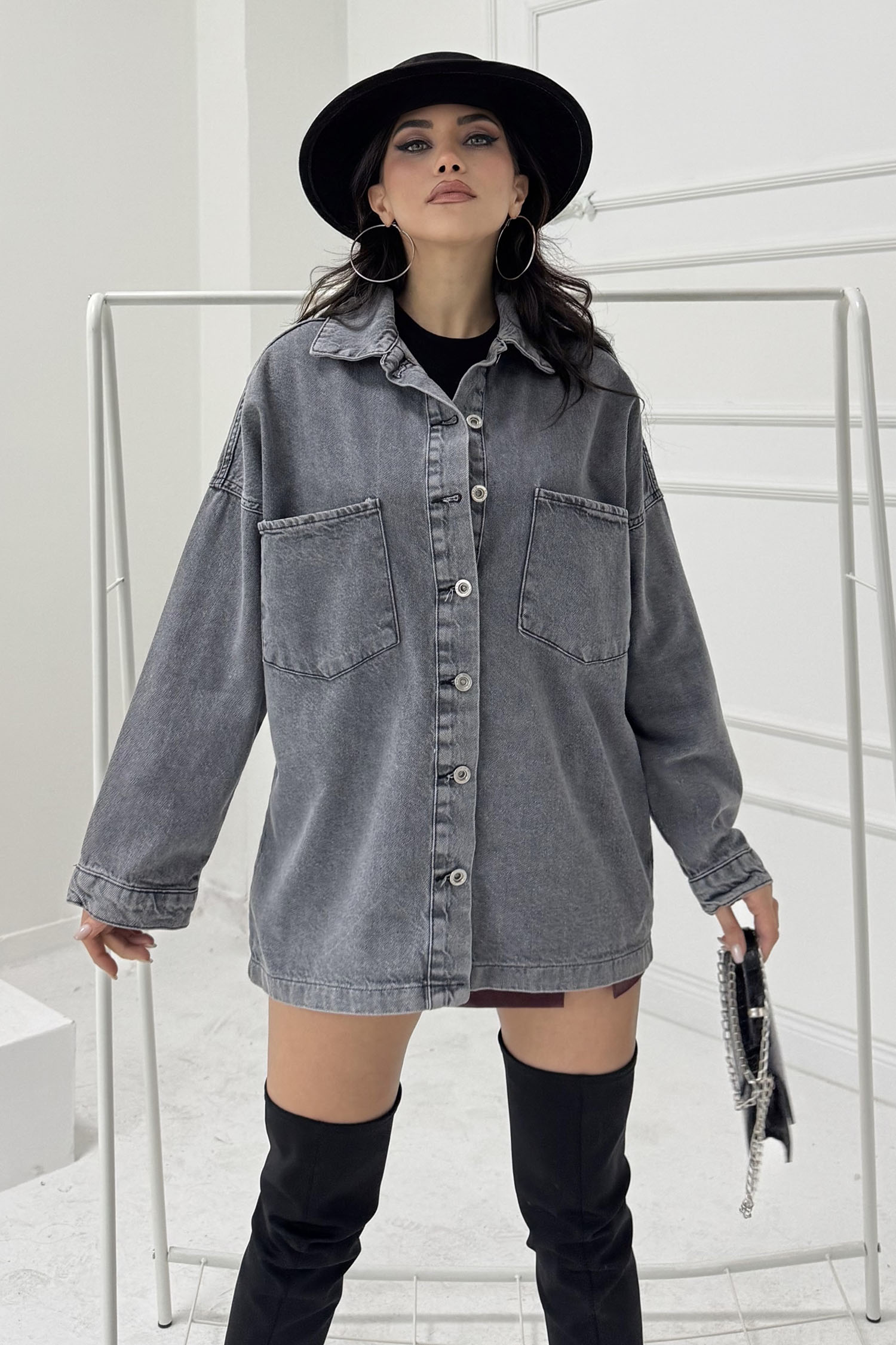 Kadın Gömlek Yaka Çift Cepli Jean Kot Ceket - 26676 - 3