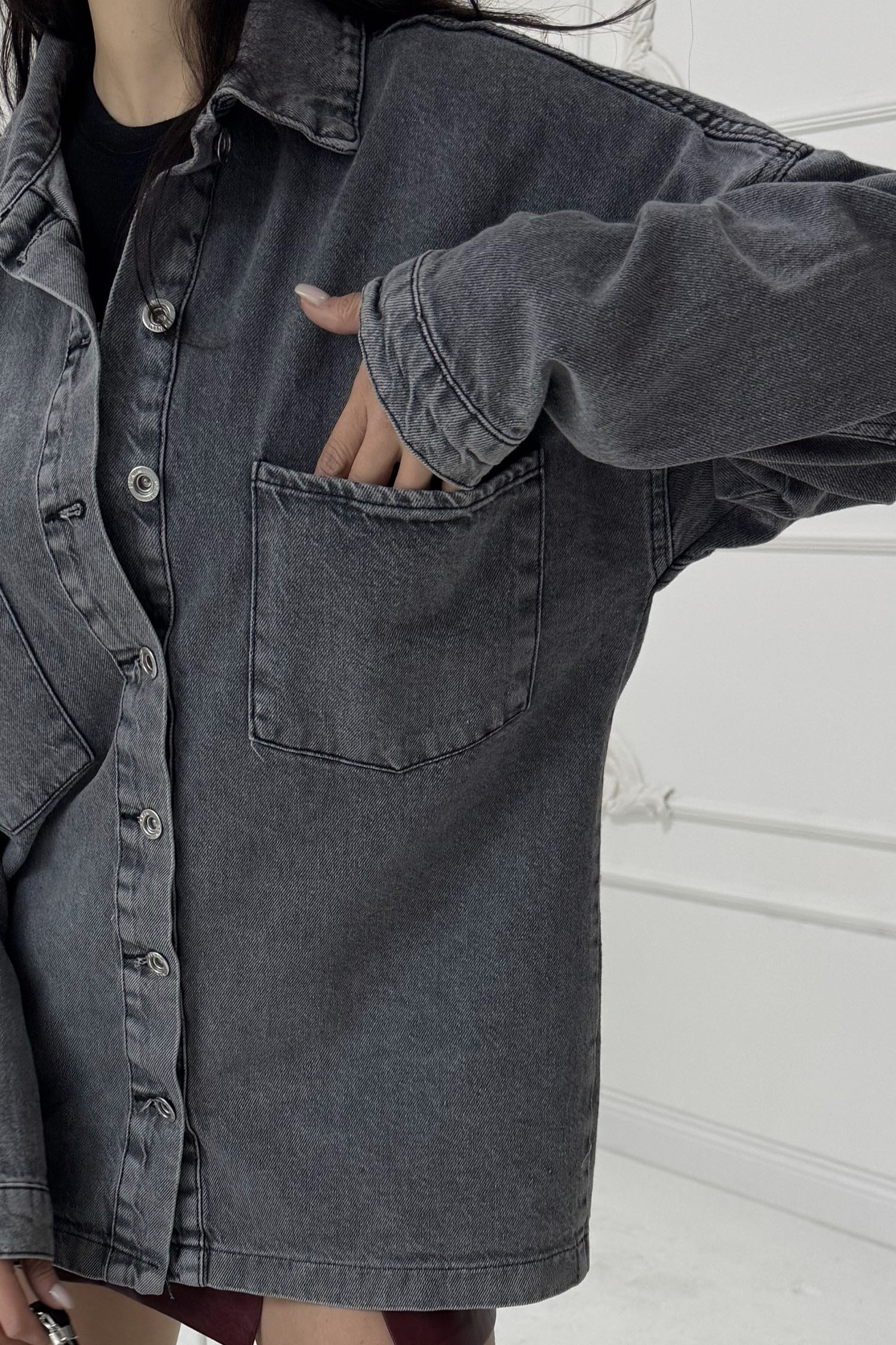 Kadın Gömlek Yaka Çift Cepli Jean Kot Ceket - 26676 - 4