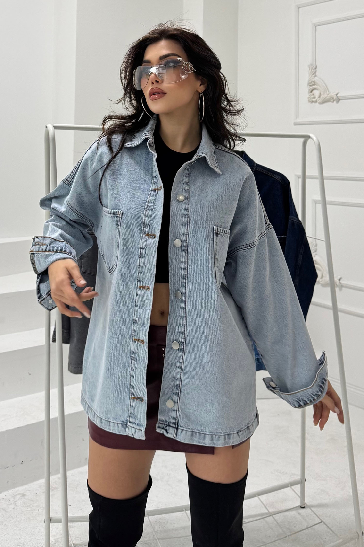 Kadın Gömlek Yaka Çift Cepli Jean Kot Ceket Acik Mavi - 26676 - 1