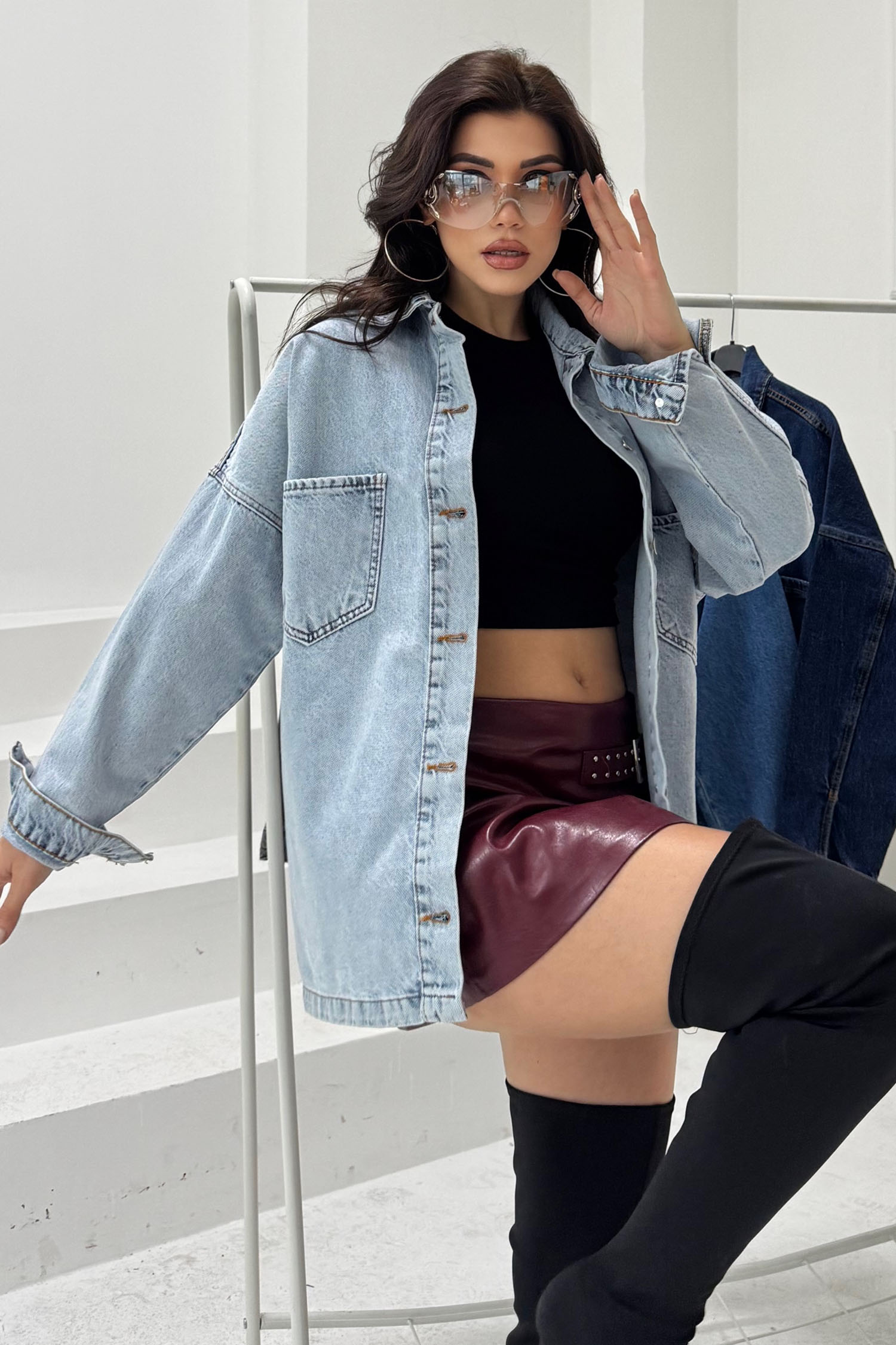 Kadın Gömlek Yaka Çift Cepli Jean Kot Ceket Acik Mavi - 26676 - 2