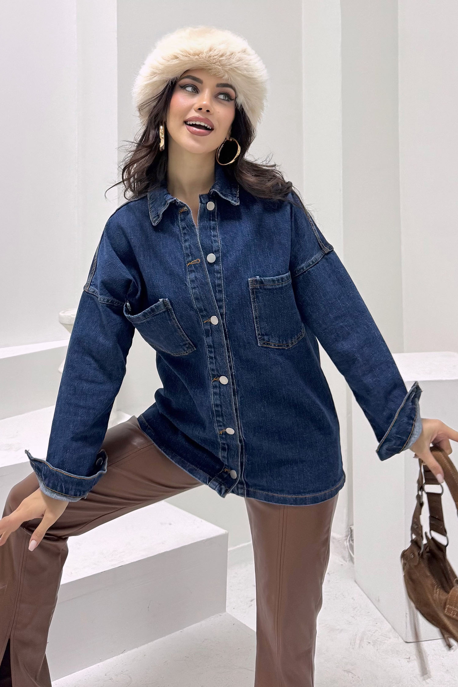 Kadın Gömlek Yaka Çift Cepli Jean Kot Ceket Koyu Mavi - 26676 - 2