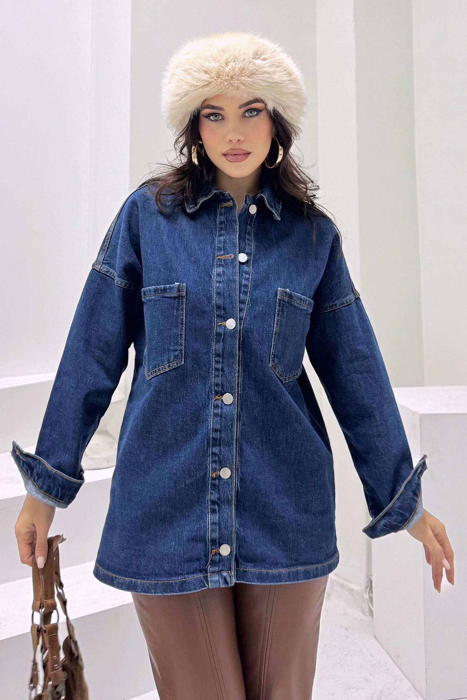 Kadın Gömlek Yaka Çift Cepli Jean Kot Ceket Koyu Mavi - 26676 - 3