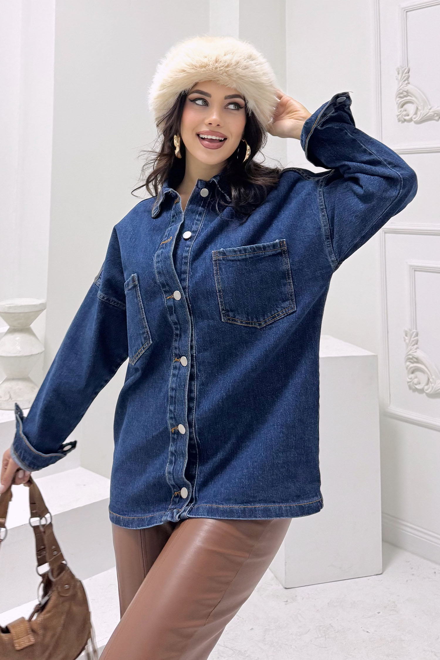 Kadın Gömlek Yaka Çift Cepli Jean Kot Ceket Koyu Mavi - 26676 - 4