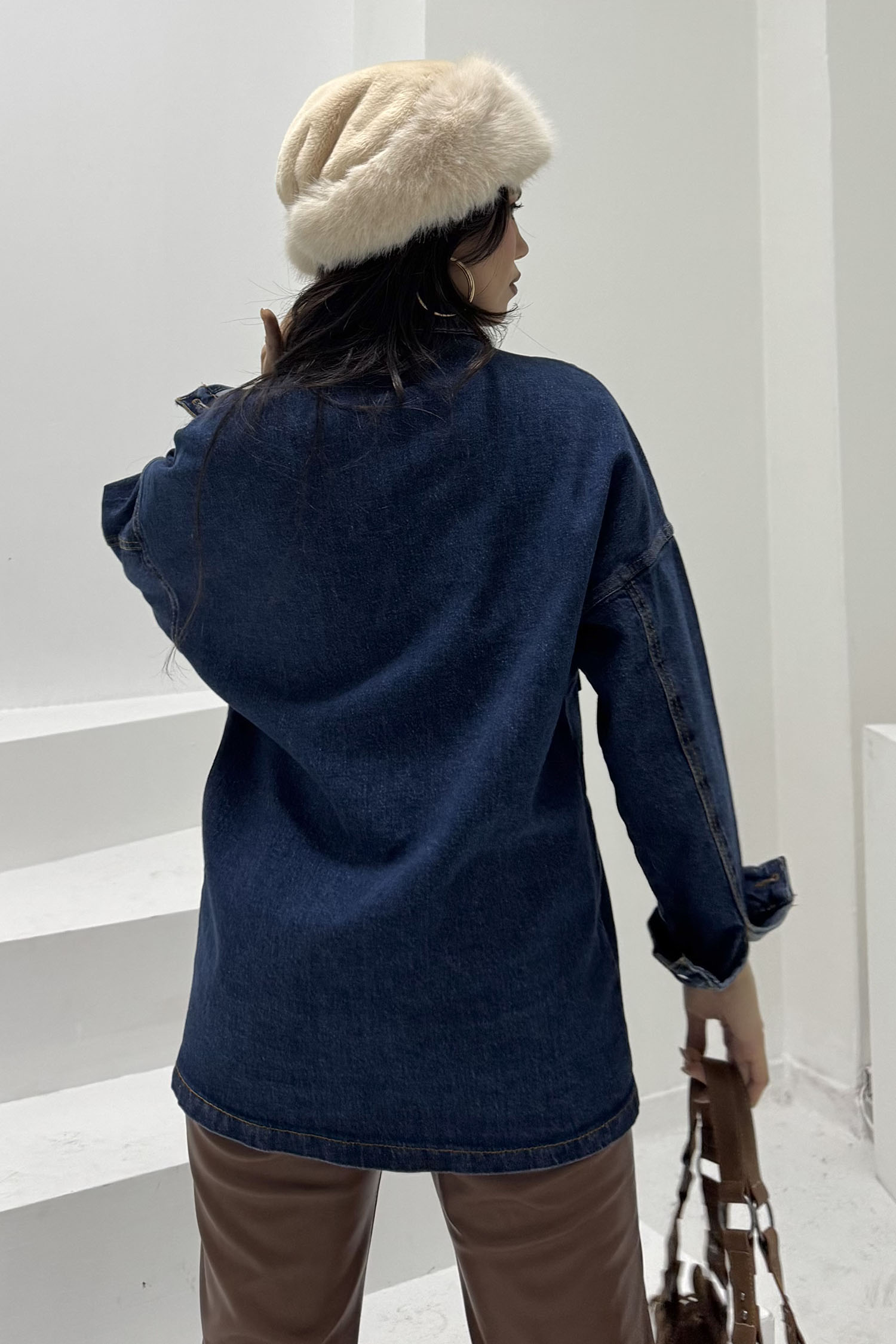 Kadın Gömlek Yaka Çift Cepli Jean Kot Ceket Koyu Mavi - 26676 - 5