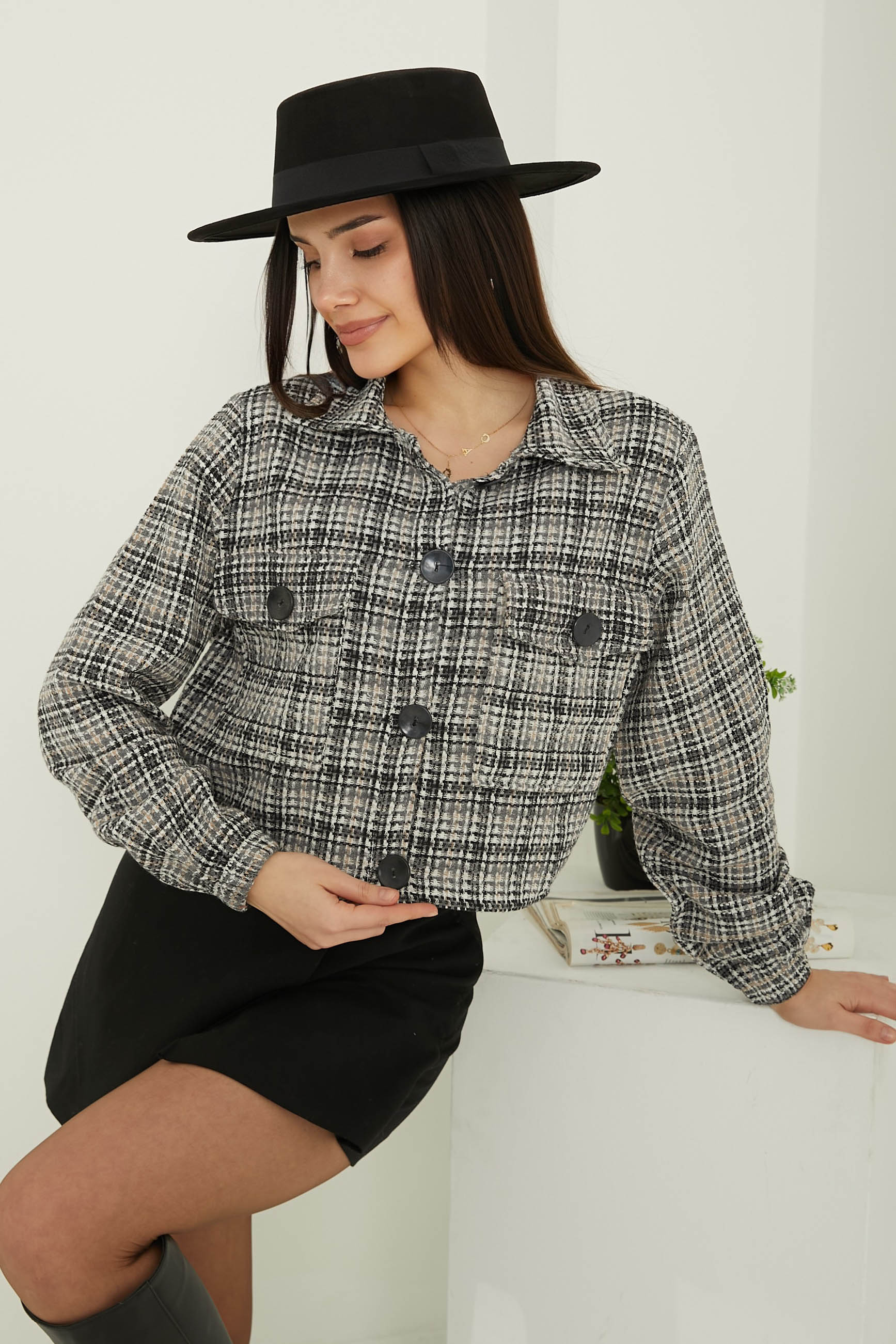 Kadın Gömlek Yaka Düğmeli Şanel Ceket Siyah - 13361 - 3