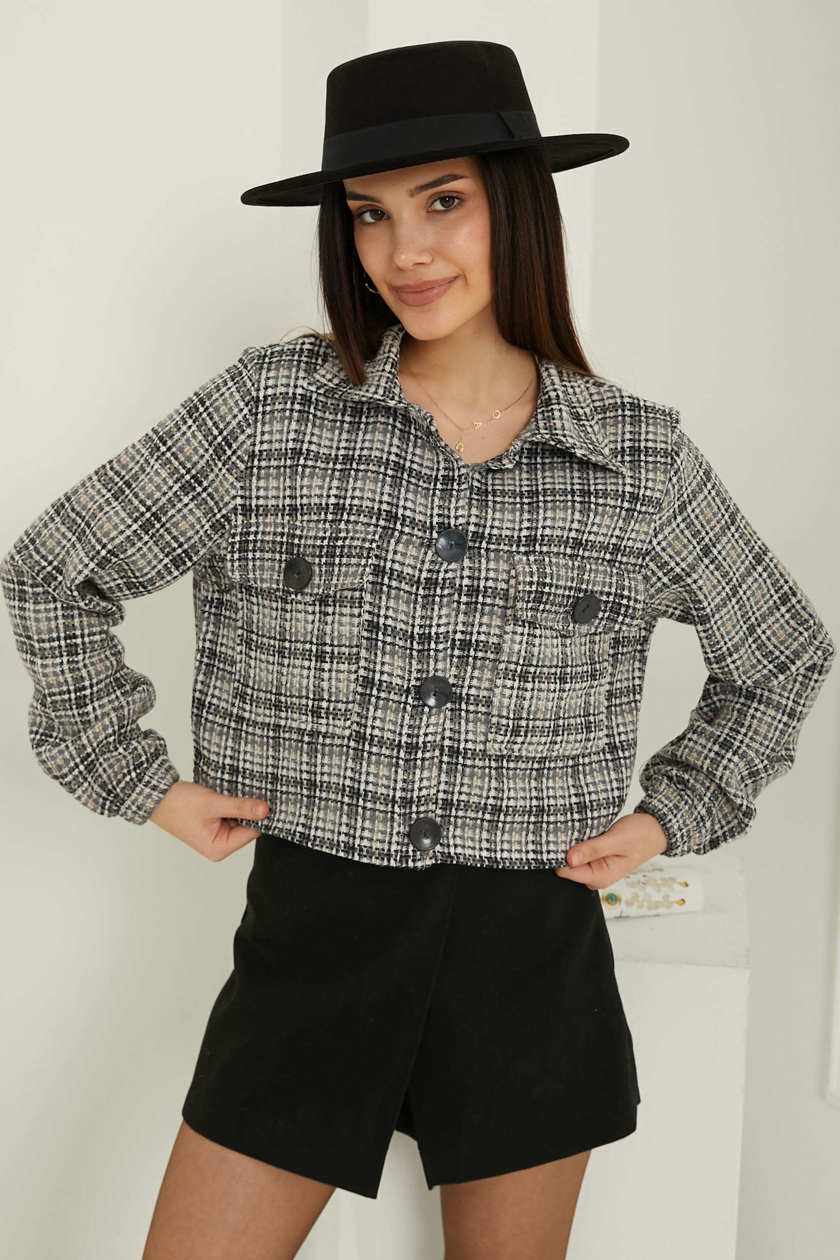 Kadın Gömlek Yaka Düğmeli Şanel Ceket Siyah - 13361 - 4